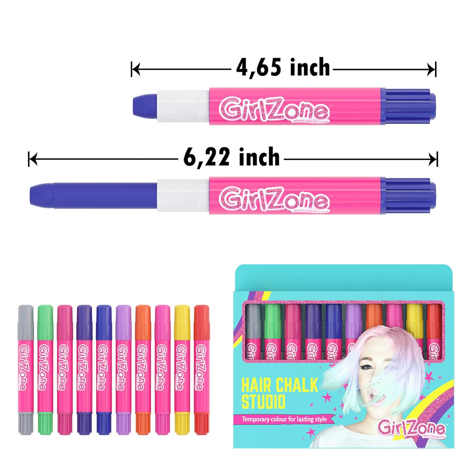 GirlZone Hair Chalk Set For Girls - 10 Piece Temporary Hair Chalks Color - Girl Toys For Girls Ages 8-12 - Birthday Gifts For Girls - Gifts For 7 8 9 10 11 Year Old Girls - Girls Toys 8-10 Years Old : Beauty & Personal Care