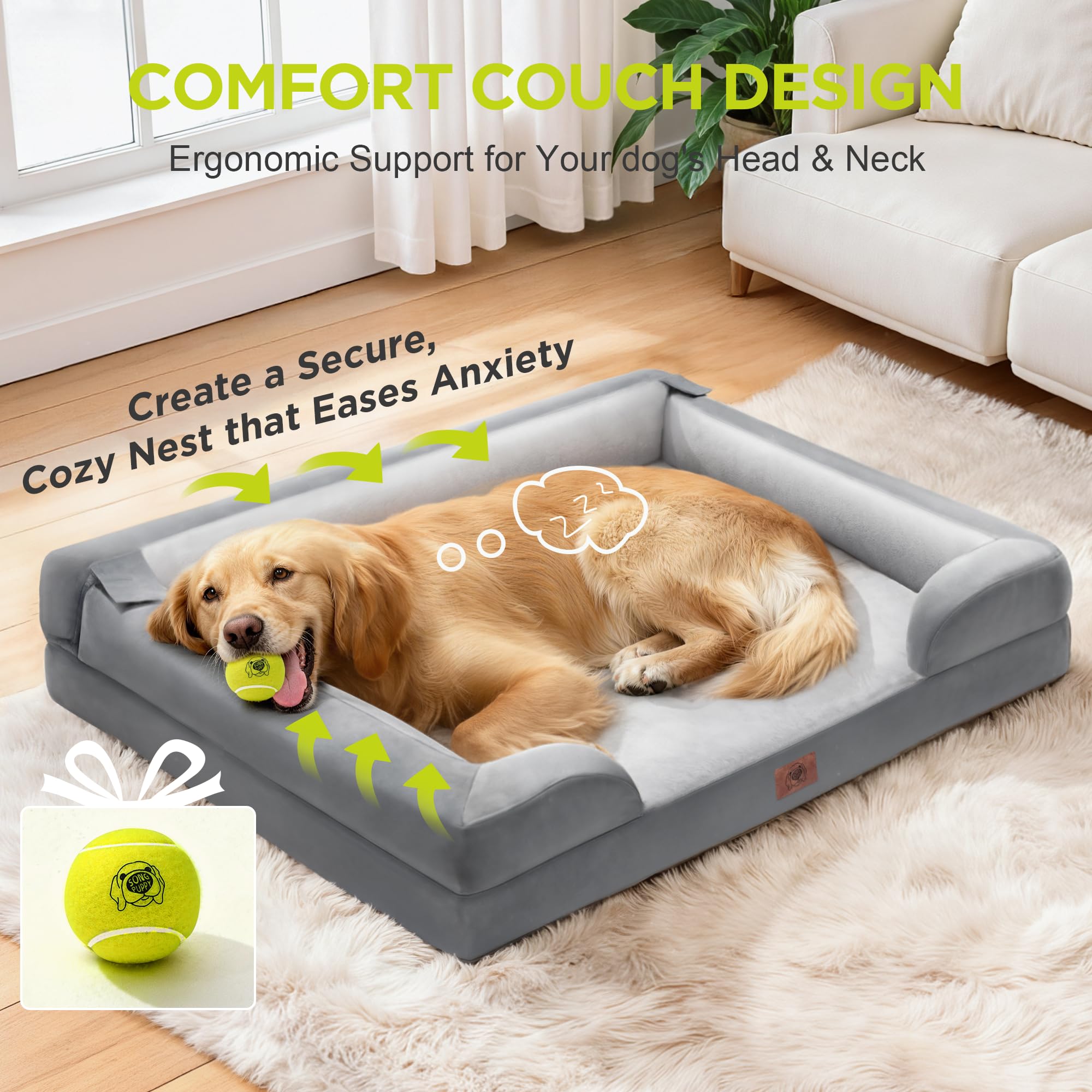 Extra Large Dog Bed, Orthopedic XL Washable Memory Foam Bed for Big Dogs Waterproof Pet Couch Sofa Bolster with Removable Cover, Non-Slip Bottom, Tennis Ball Toy, 42x30 - image 7