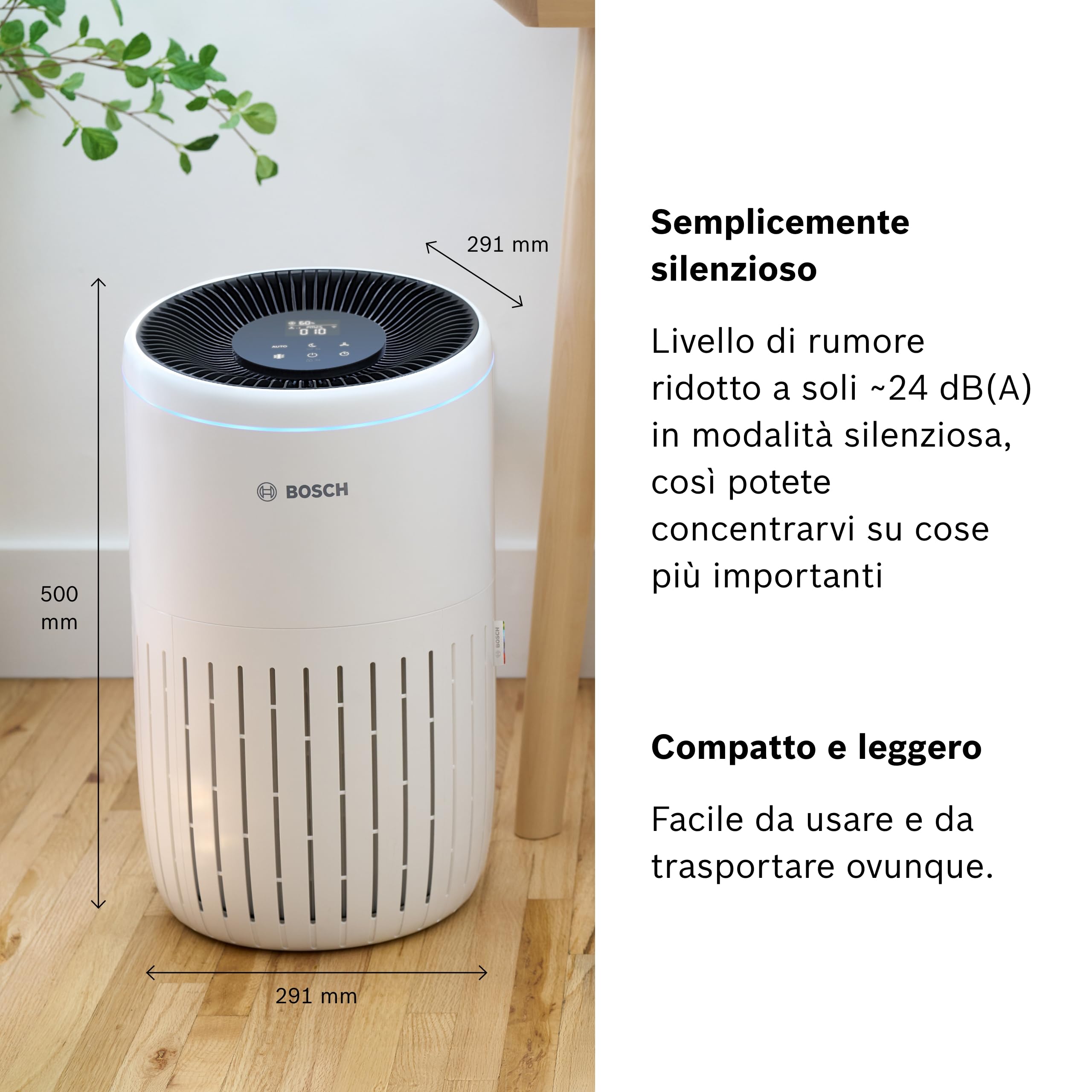Bosch Air 4000i - Purificatore d'aria intelligente - Copre 62,5 m² - Filtra efficacemente oltre il 99% degli inquinanti - Modalità Auto/Sleep (< 25 dB(A)) - CADR: 300 m³/h - Connettività display e app