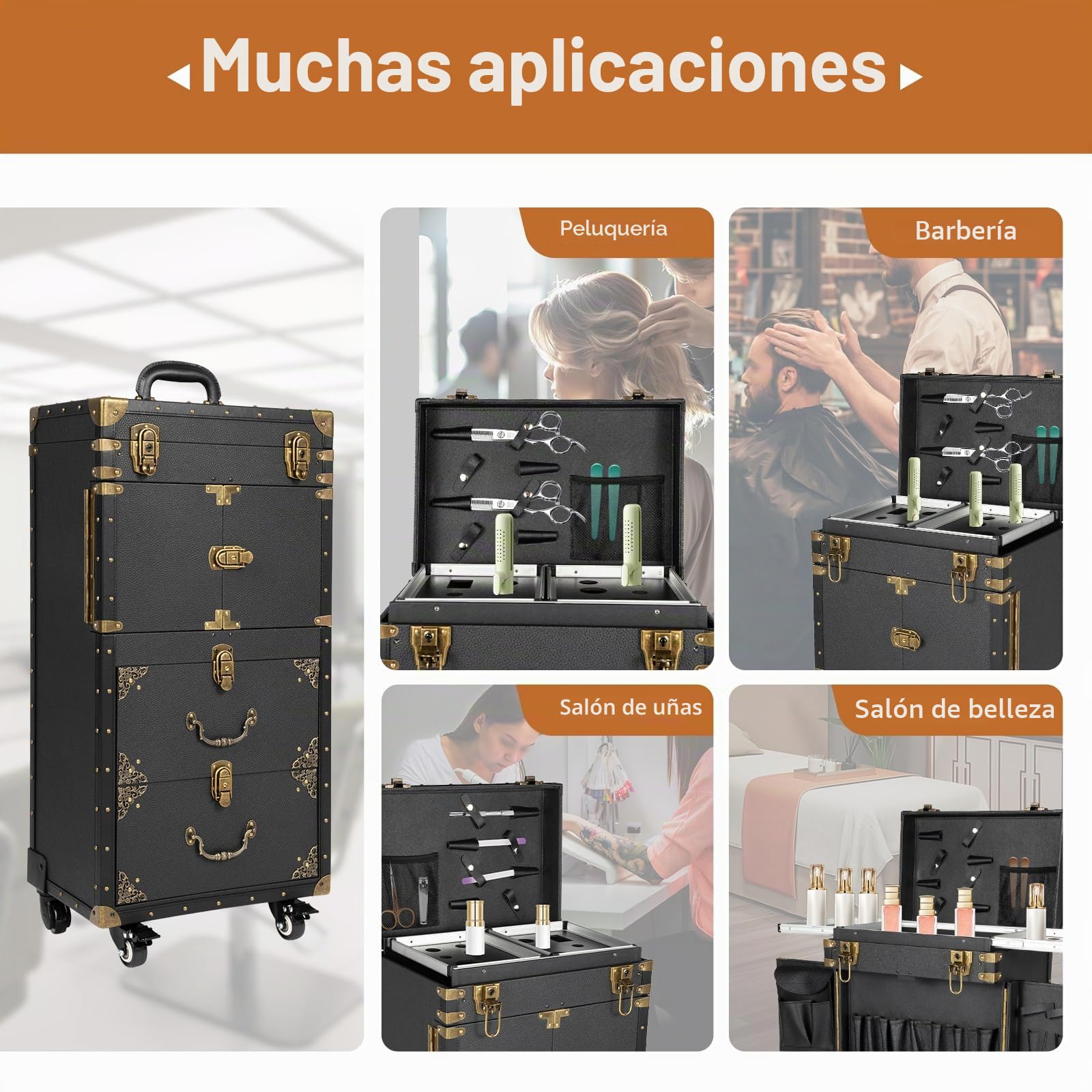 Maleta de peluquería con ruedas, maletín de maquillaje grande con bloqueo de contraseña, maletín de belleza de aluminio, 39 x 26 x 82 cm, maletín profesional de peluquería, maletín de maquillaje con