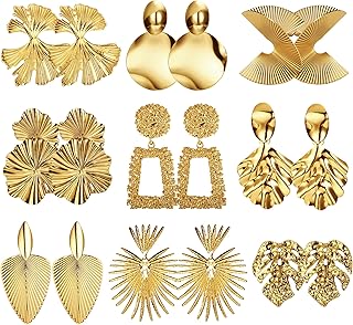 9 Pairs Clip on Earrings Gold Statement Earrings for Women Exaggerated Trapezoid Dangle Clip on Earrings Gold Geometric Leaf Round Retro Drop Clip Earrings Unpierced Ears