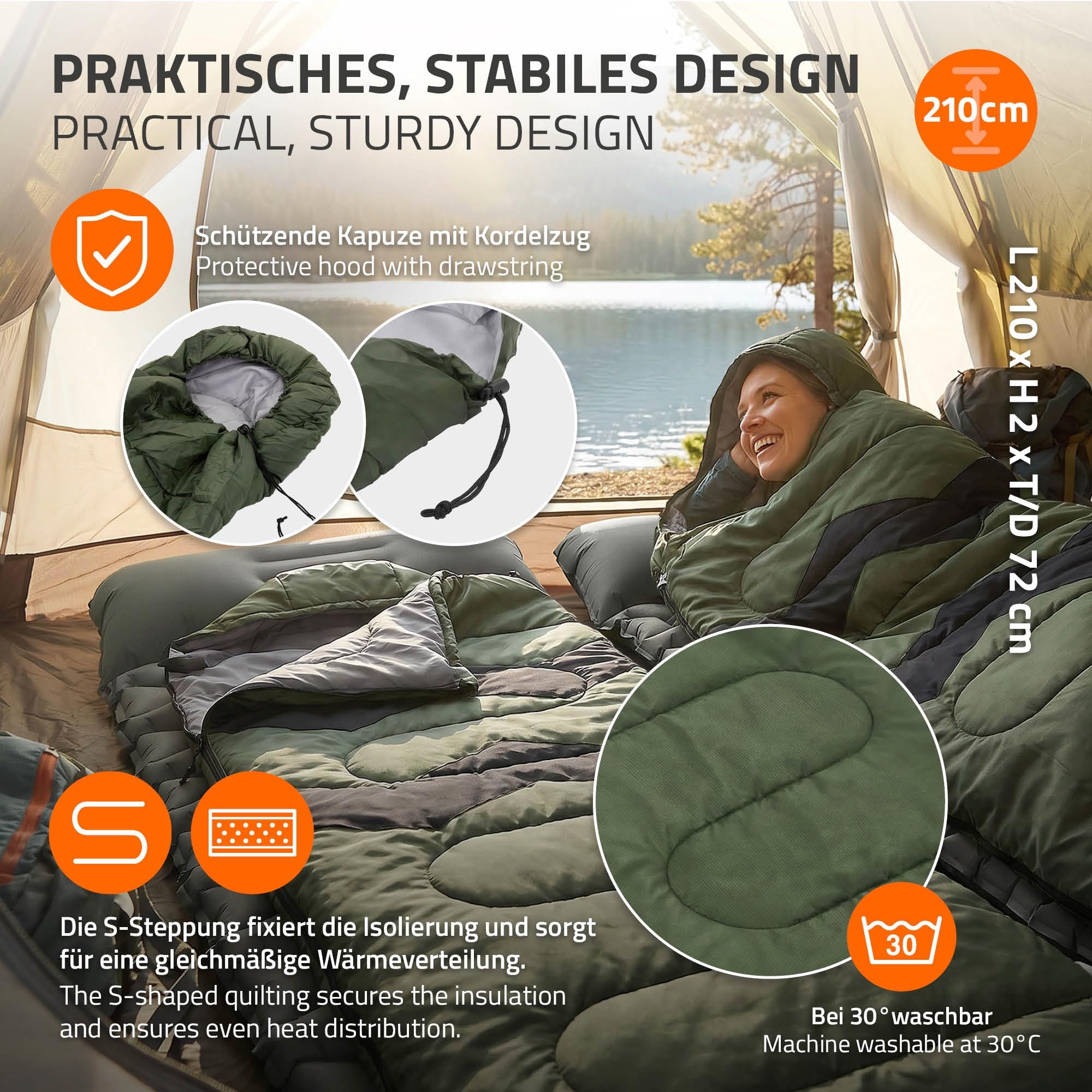 ECD Germany Spiwór Camping 210 cm, Lekki i Cieply Spiwór Outdoor Turystyczny 3 Sezonowy, Spiwór Kocowy o Kompaktowym Rozmiarze na Camping, Trekking, Sleeping Bag na Wedrówki i Podróz, Khaki
