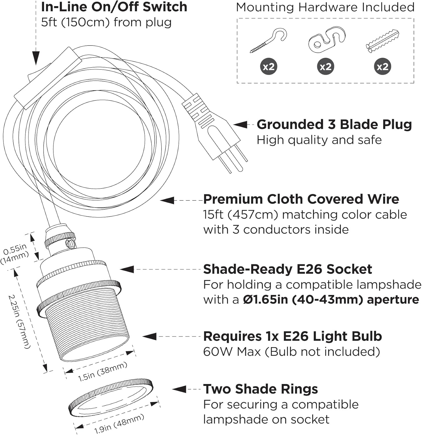 BRIGHTTIA Portable Plug-in Pendant Light with Gunmetal Black Brass Shade-Ready Socket for Apartment Decor - Plug & Play with 15Ft Cord & Plug - No Wiring Needed (BP0001-1GMP)