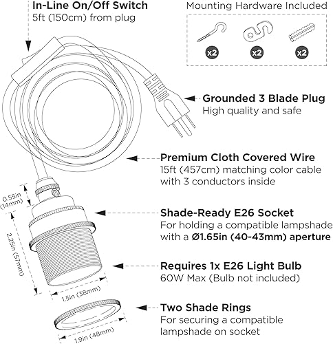 Miniatura 3 de BRIGHTTIA Lámpara colgante de níquel enchufable  Enchufe portátil listo para colgar E26 de latón roscado con cable de 15 pies e interruptor en línea