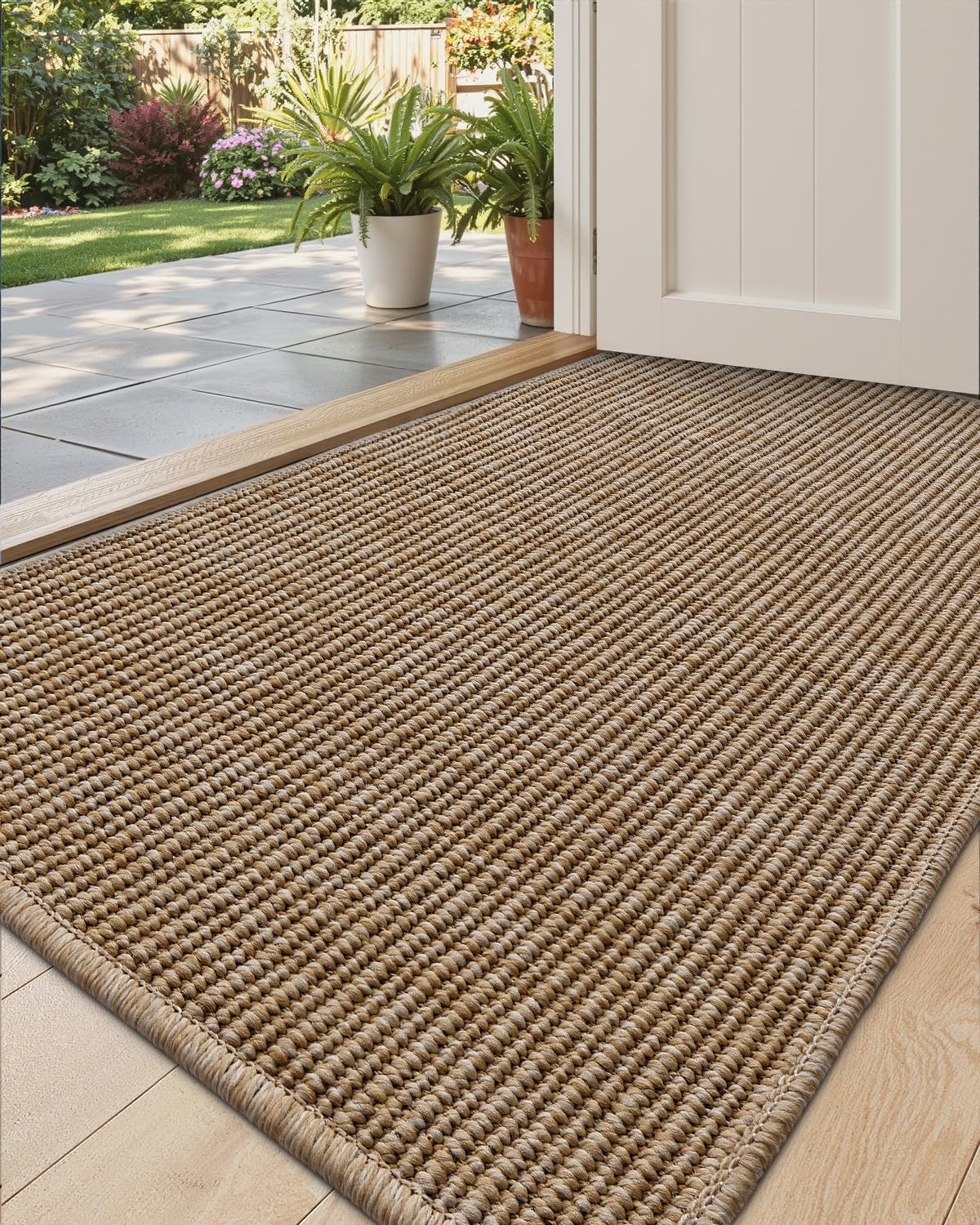 dexi dirt trapper door mat, 24x39 inches washable doormat, dirt resistant and absorbent, easy clean low-profile floor rugs for entryway, front door, and inside entrance, light beige-gray