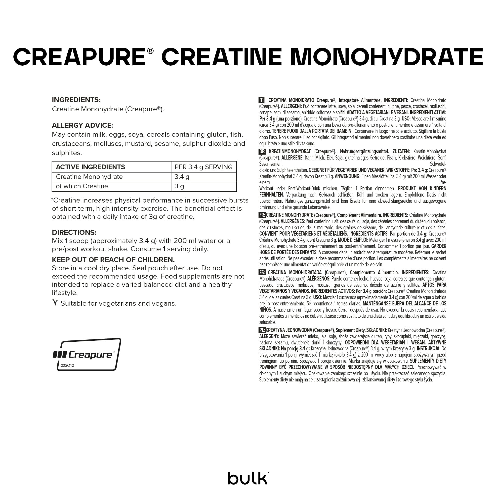 Bulk Creapure Kreatin Monohydrat Pulver, Reinste Form von Kreatin, mikronisiert, Creatin, 500 g
