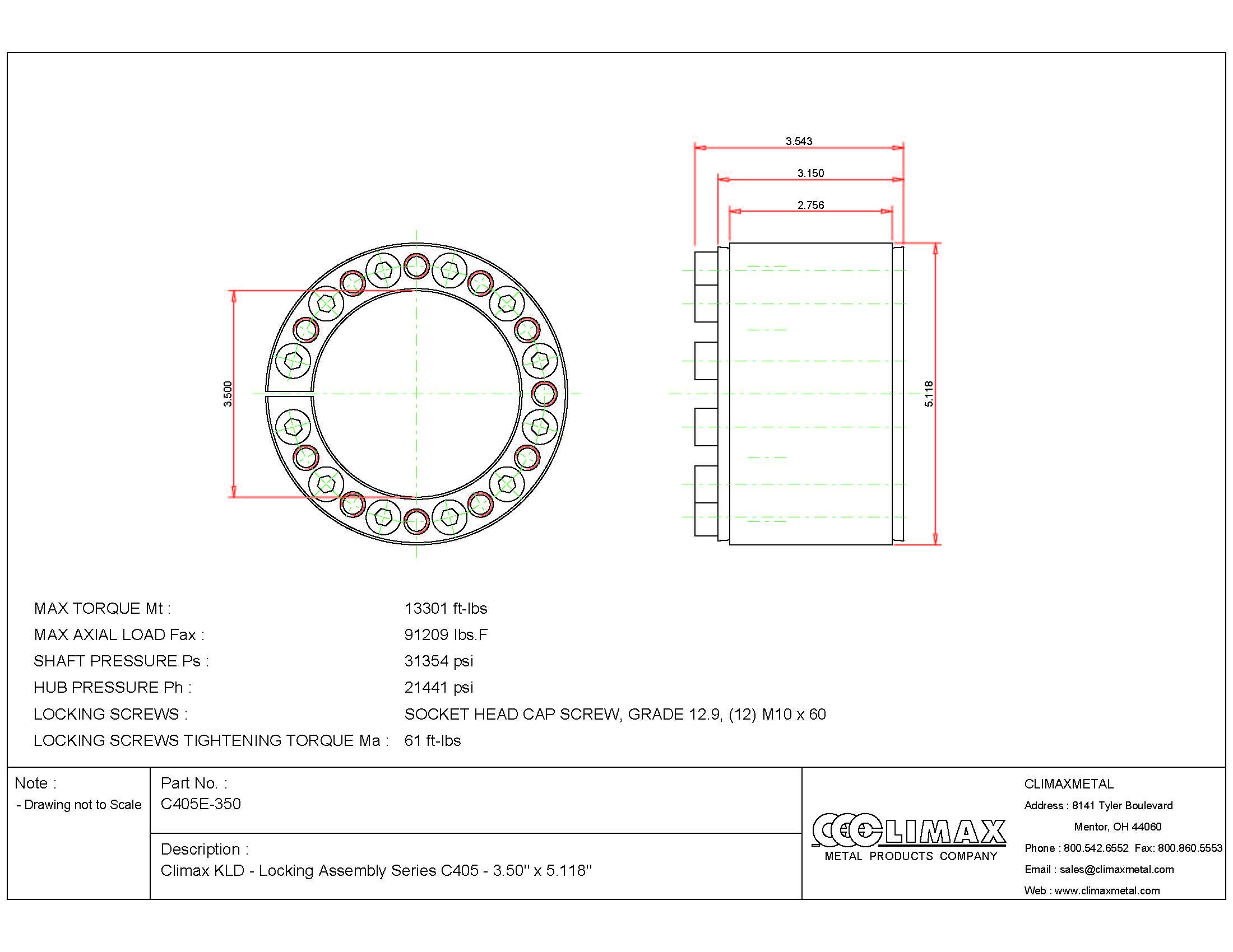 Climax Metals C405E-350 Series 405 Locking Assembly, Steel, 3.5