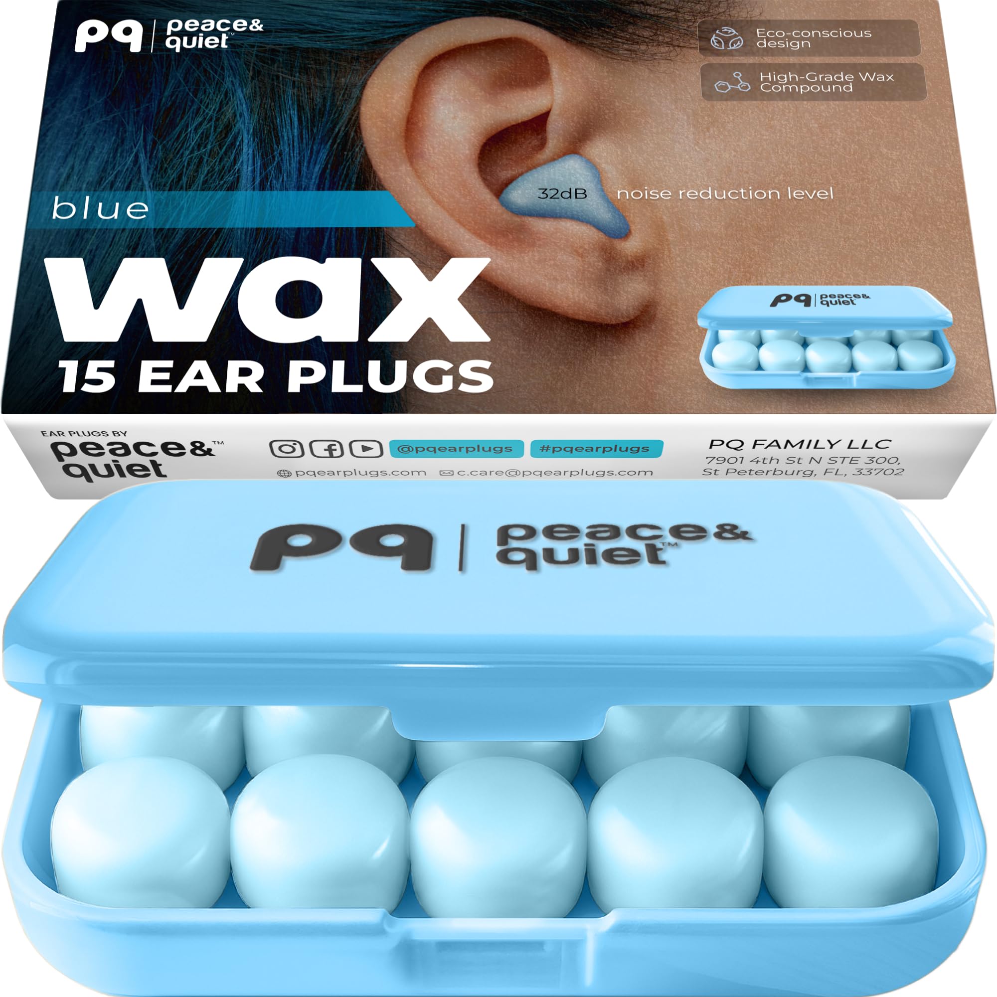 Peace&Quiet | PQ Wax Ear Plugs for Sleeping, Swimming - Soft Noise Cancelling Silicone Gel Wax Earplugs for Sleep and Swimmers, Sound Blocking Level of 32 Db, Color: Blue