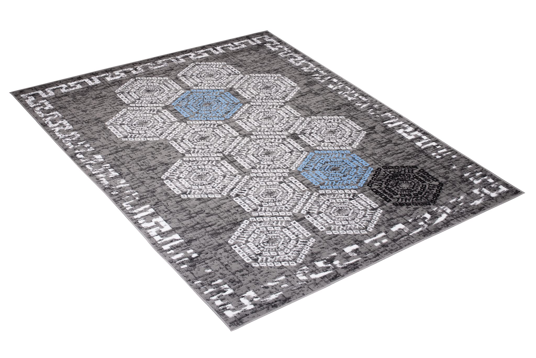 TAPISO Atena Tapis de Salon Chambre Ado Design Moderne Gris Bleu Blanc Noir Motif Grec Bordé Fin Poil Court 140 x 200 cm