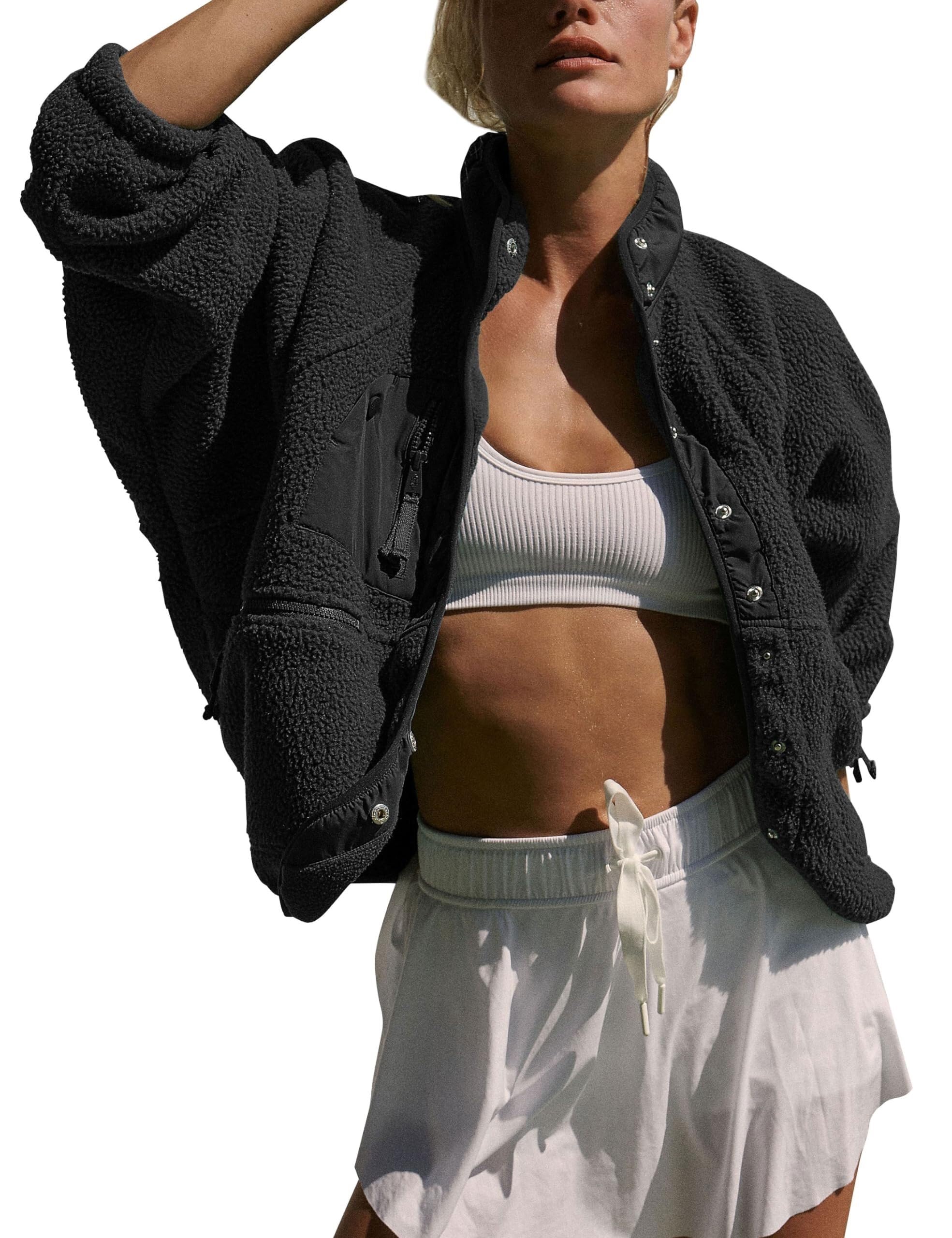 Barley Direct Unisex Black Lightweight Cropped Fuzzy Fleece Jacket For Women Winter Warm Sherpa Jackets Coat Outerwear With Pockets(,L)