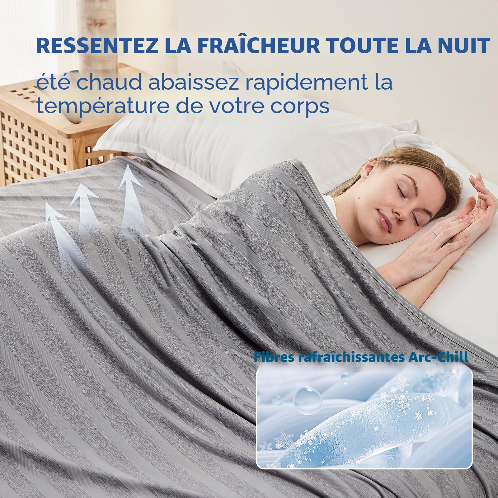 EMME Couverture rafraîchissante, Arc-Chill Q-Max>0,5, 152 x 203 cm, Couverture d'été fine double face 2 en 1, Couvre-lit léger et respirant, Plaid pour canapé, Couvre-lit douillet, Gris rayé