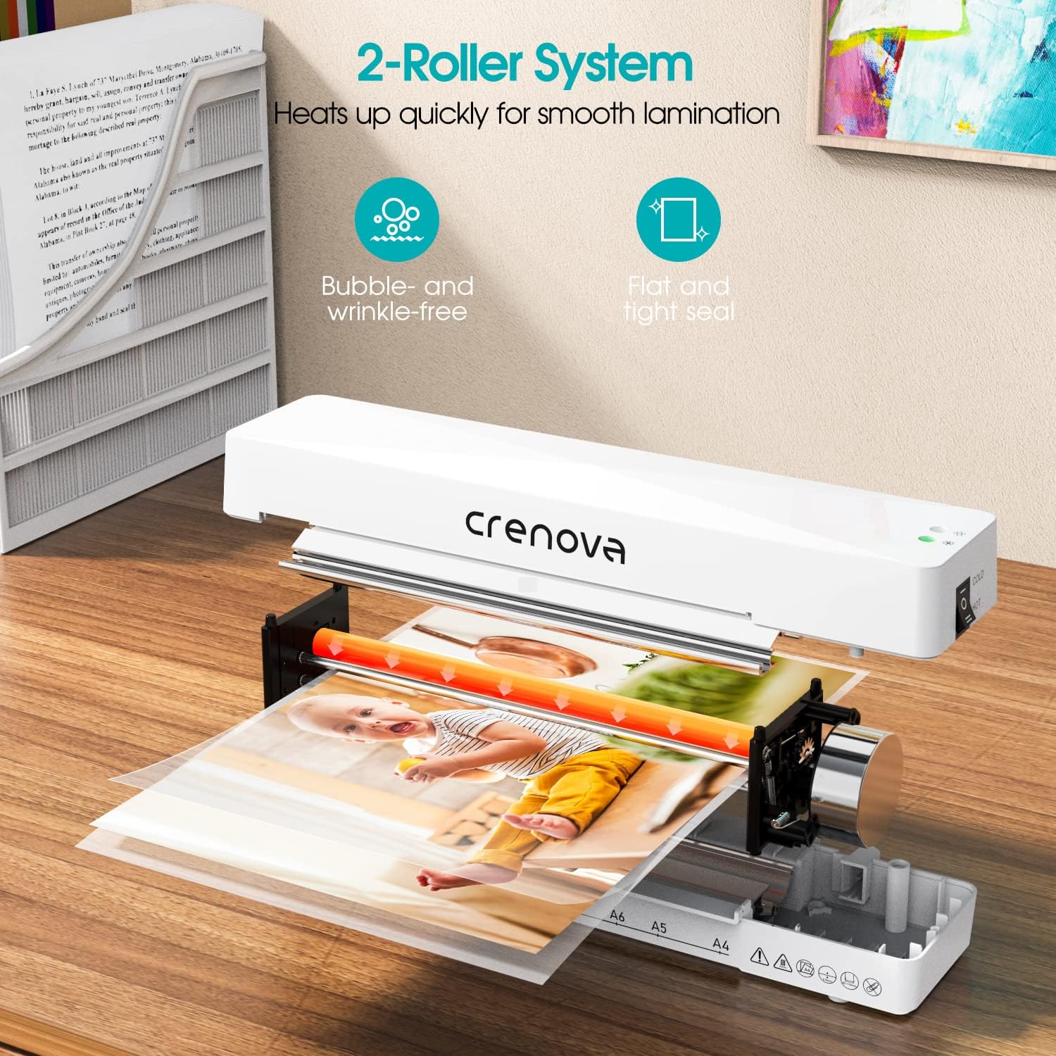 Crenova Laminator with internal 2-roller system visible