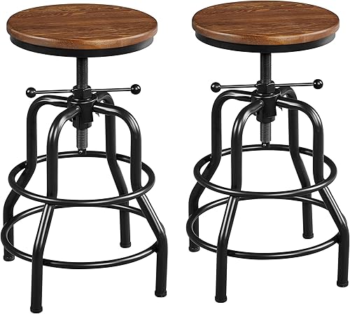 Miniatura 54 de Yaheetech Taburete de bar industrial, vintage, rústico, altura de mostrador, taburete de bar de metal, ajustable con asiento redondo de madera,