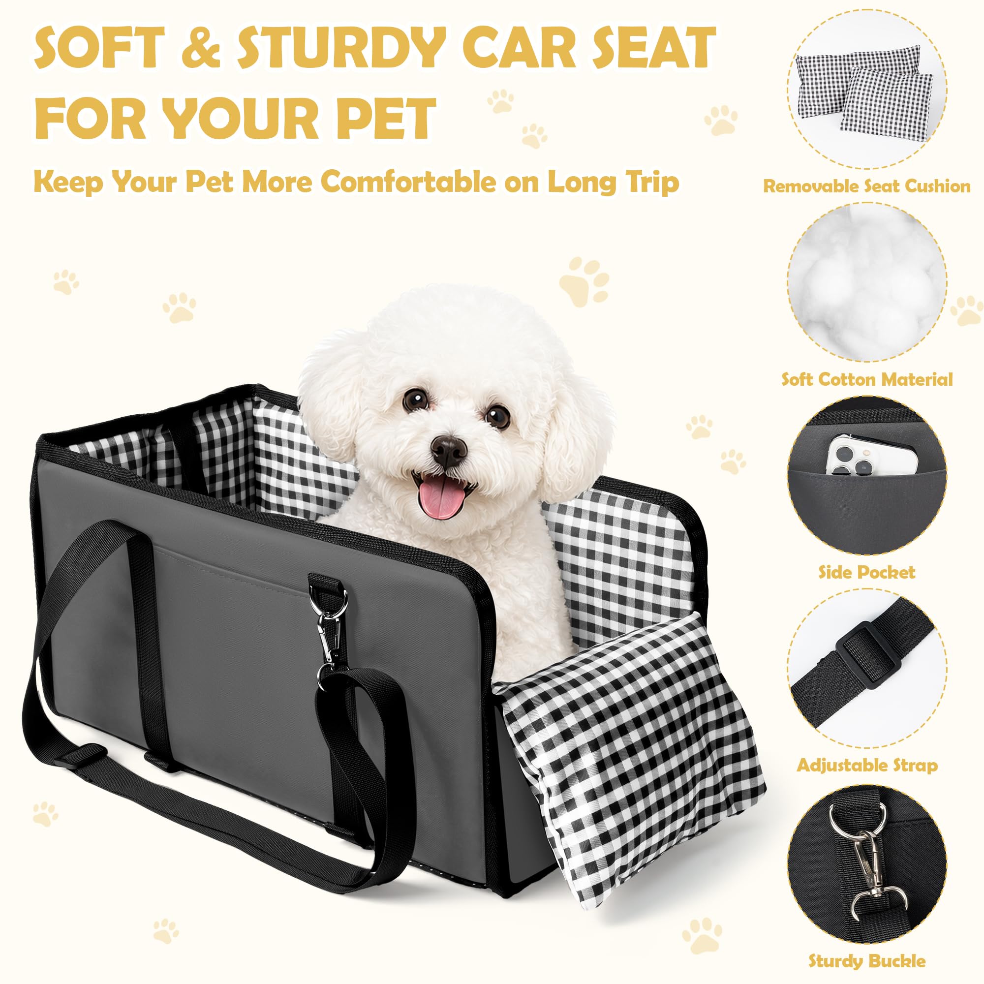 Siège de voiture pour petit chien – Console centrale imperméable pour animal domestique – Rehausseur de voiture amovible avec harnais de ceinture de sécurité – Coussin épais pour chiot et