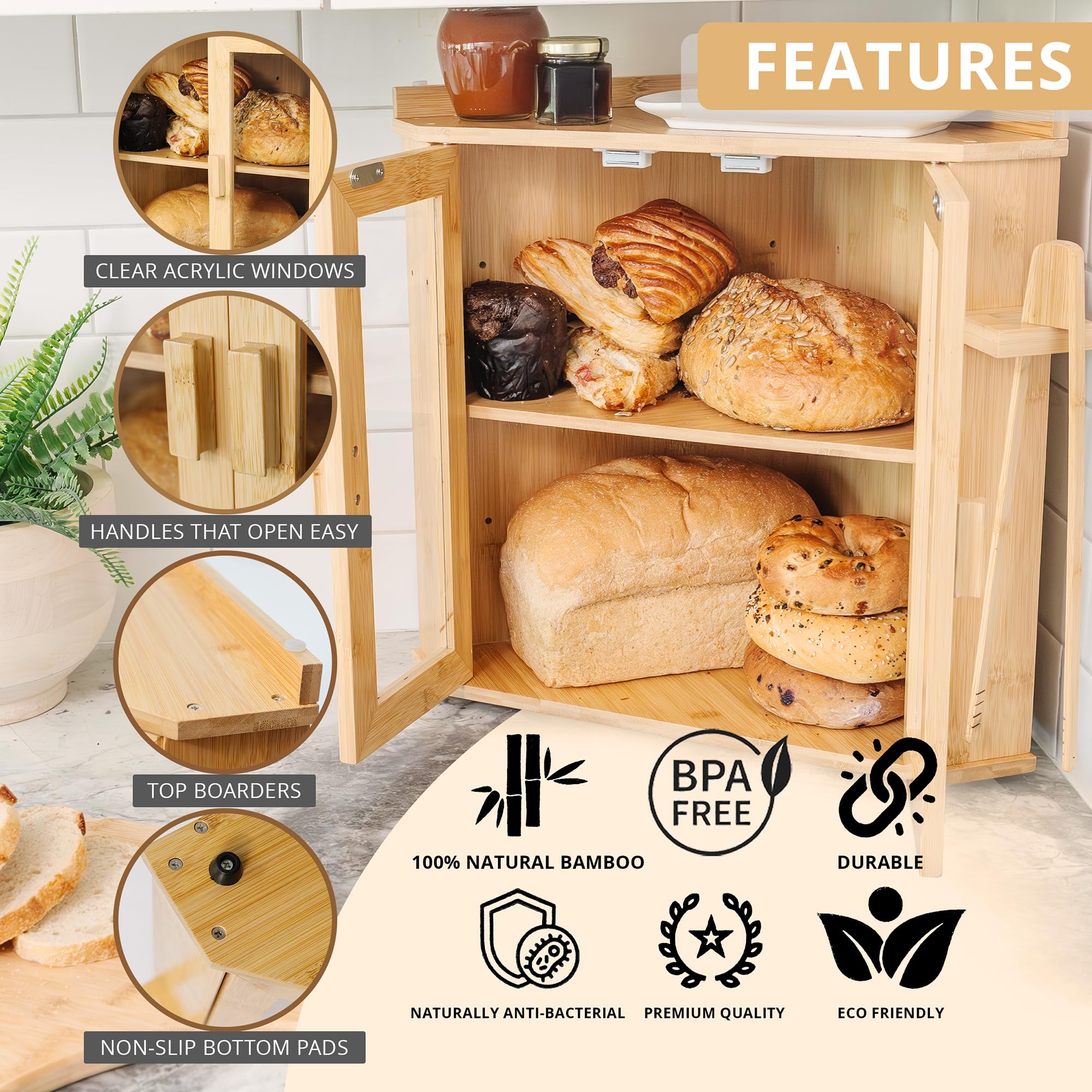 Scatola per pane angolare per piano di lavoro della cucina, grande capacità, per bancone della cucina, con spazio extra sulla parte superiore, contenitore per il pane a due ripiani con pinze, in bambù