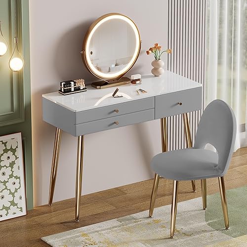 Miniatura 9 de Escritorio de tocador con espejo y luces| Juego de tocador de maquillaje moderno beige de 39 pulgadas con cajones y silla ajustable | Tocador blanco