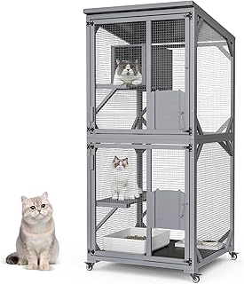 Cat Catio Outdoor Enclosure with 4 Wheels Wooden Cat Cage Outdoor with Resting Box 3 Tier Cat House Waterproof Roof (Gray)