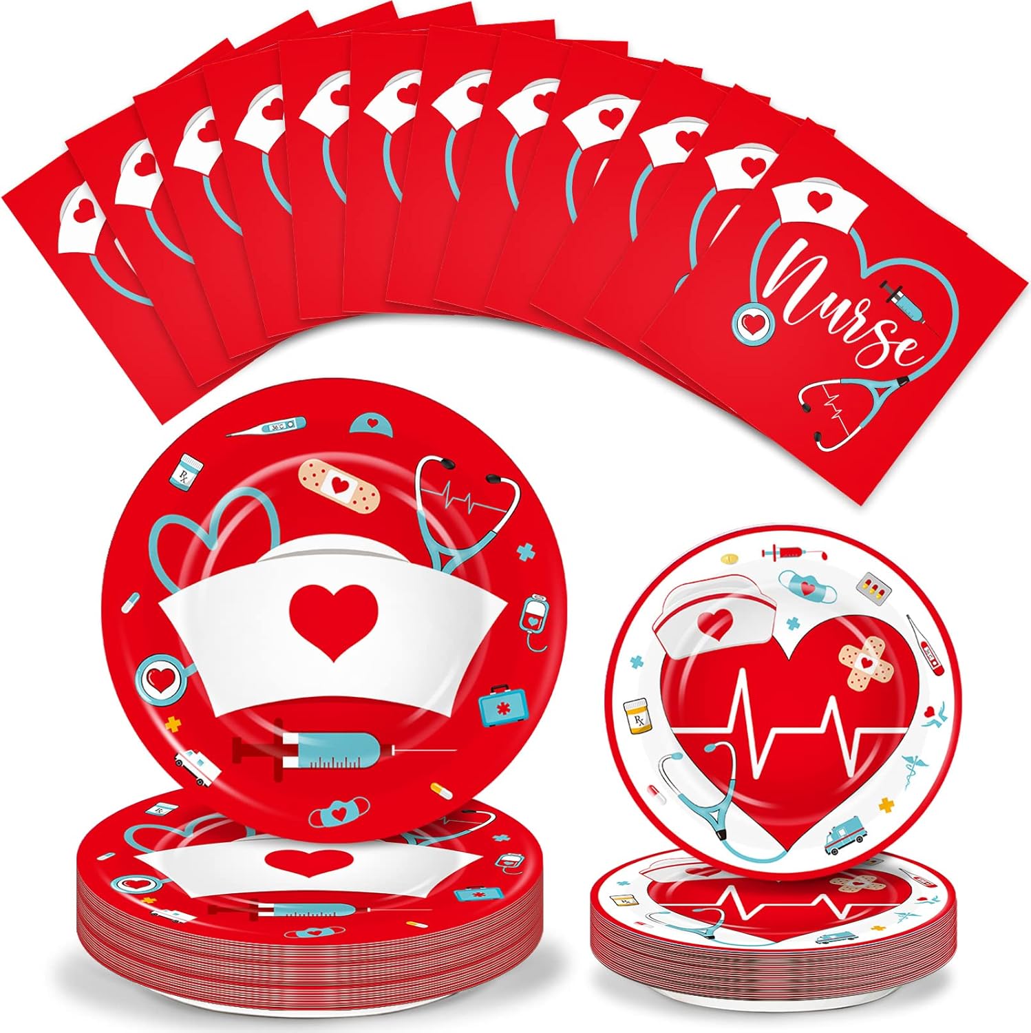 200 Pcs Graduation Nurse Party Decorations Doctor Nurse Week Party Plates Include 9 Inch 7 Inch Paper Disposable Plates Lunch Napkin Medical Birthday Party Tableware Set for Nursing School(Red)