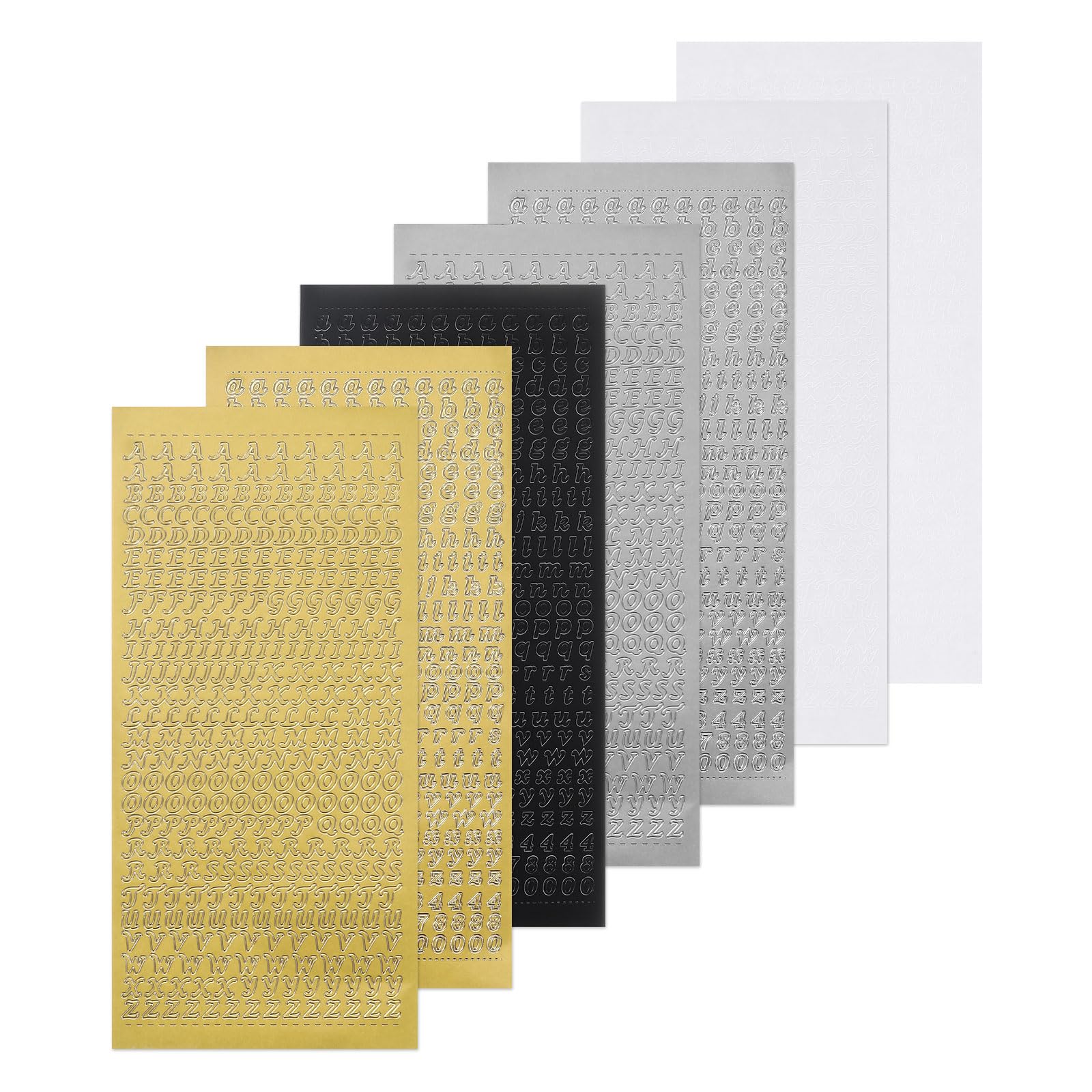 sourcing map 7 Sheets Gold, Silver, White, Black Alphabet Letter Number Stickers Nail Vinyl Waterproof 3D Resin Decal, Self Adhesive for Photo Scrapbook Decoration