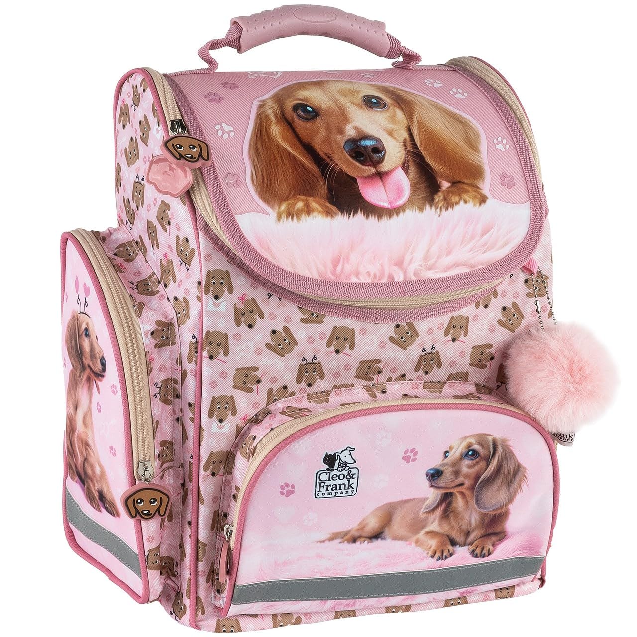 PASO- Schulranzen für Mädchen, 8er-Set - Schul-Rucksack für Kinder mit Federmäppchen - Schuhbeutel Trinkflasche und Brotdose - Hund Motiv- 1-3 Klasse