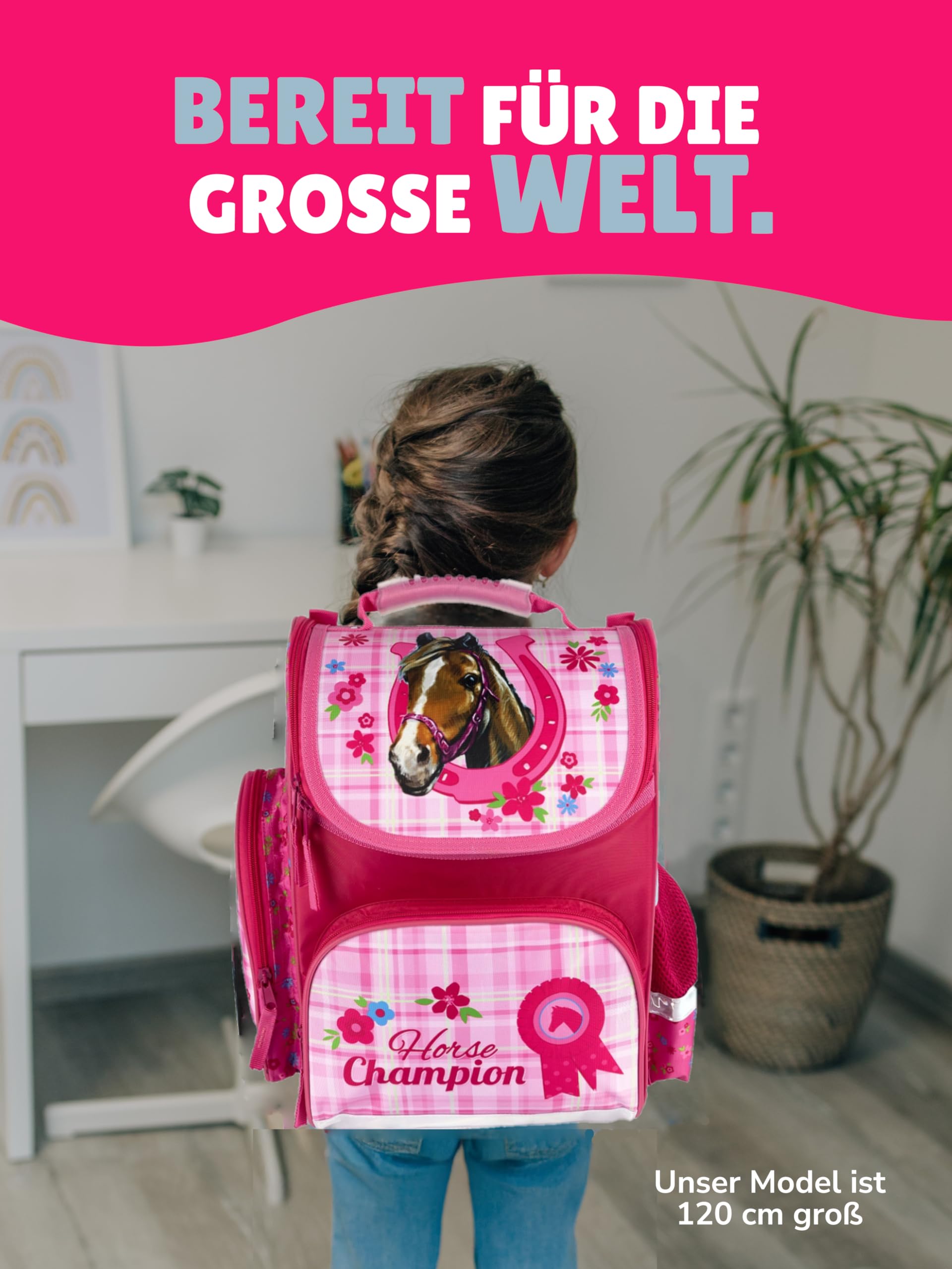 Familando - Schulranzen Set CLOU - 9-teilig mit Sporttasche - Pferde - Ergonomisch, stabil & mit gepolstertem Rücken - 930g leicht - 15L Volumen - Mit Reflektoren - Für Grundschule ab 1. Klasse