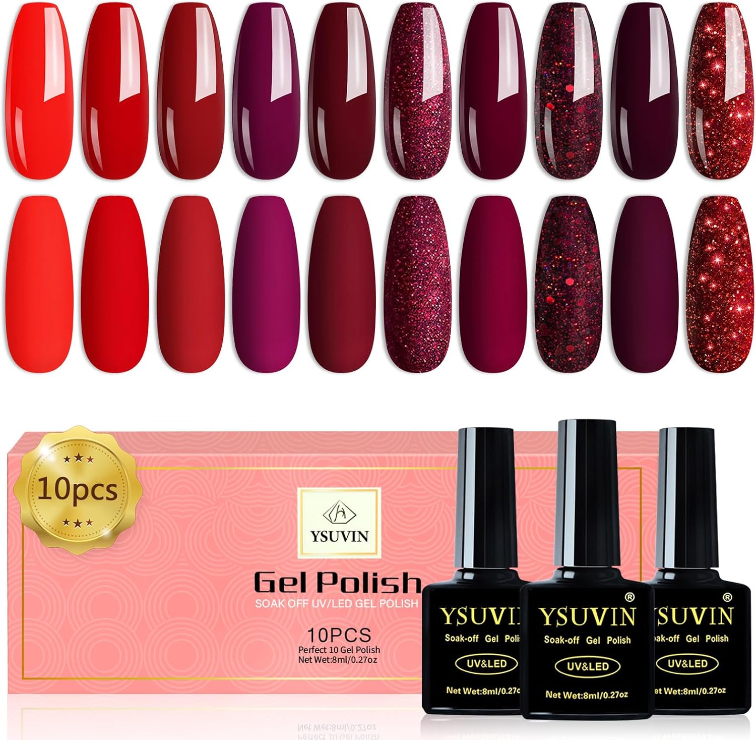 Gel Nail Polish Set Red Burgundy Nail Polishes, 10 Colors