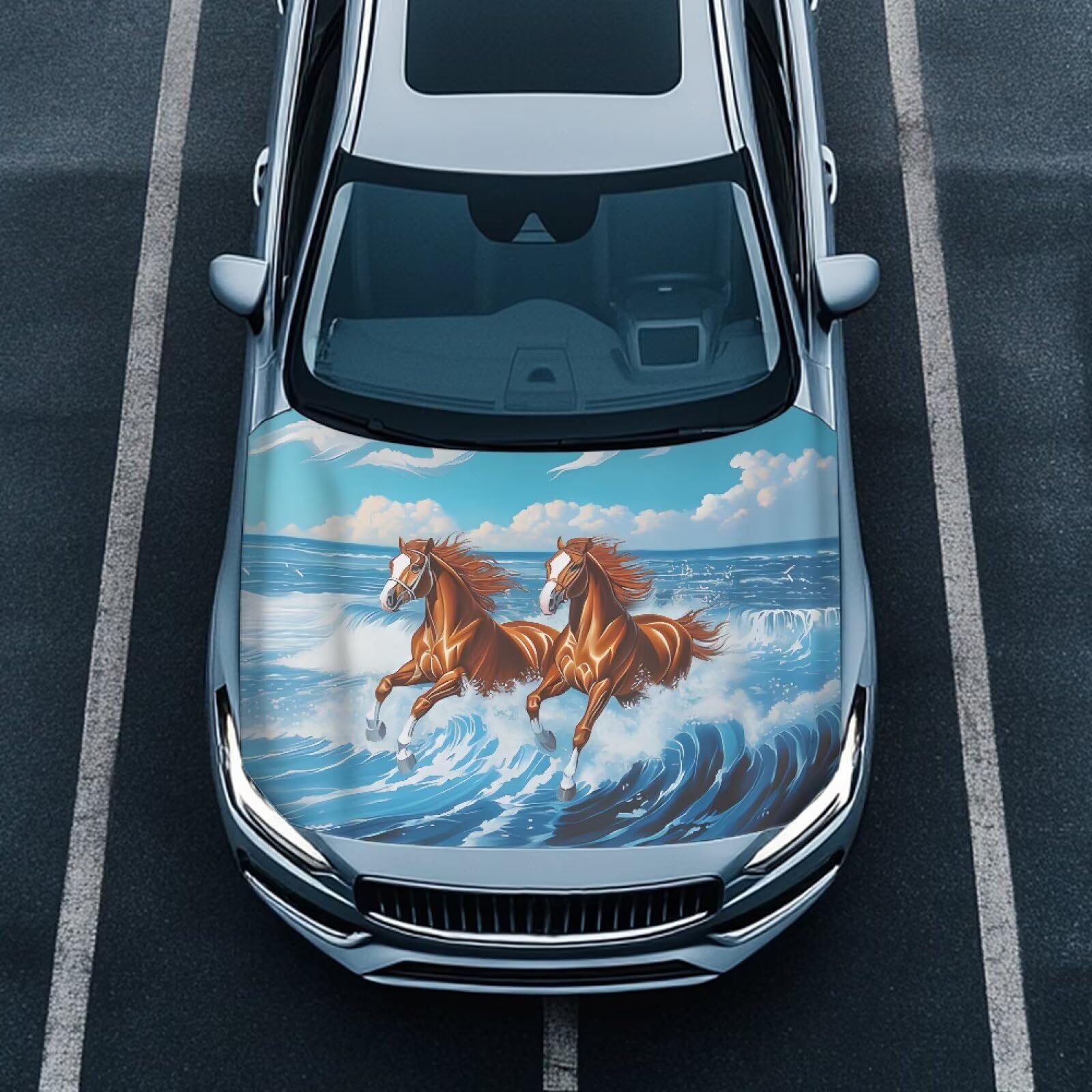 Running Brown Horse Print Hood Covers for Cars, an All-Weather Waterproof Car Cover with a Windshield Snow Cover for Cars, Trucks, and Vans