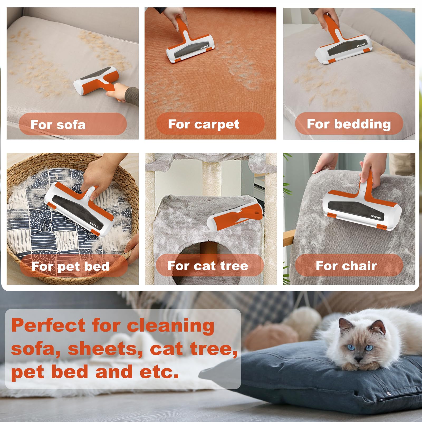 ACE2ACE Spazzola Togli Peli Animali, Spazzola Peli Cane e Gatto, Leva Peli Animali Domestici, Rimuovi e Raccogli peli Animali, Riutilizzabile Rullo Spazzola per Cuccia, Tappeti, Divani, Arancione
