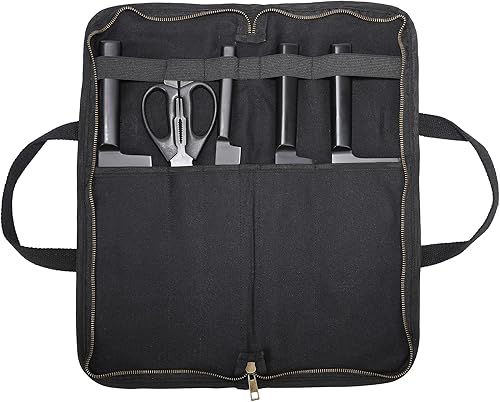 Lona encerada resistente, estuche multiusos para cuchillos con 5 ranuras, mango duradero, banda elástica (negro)