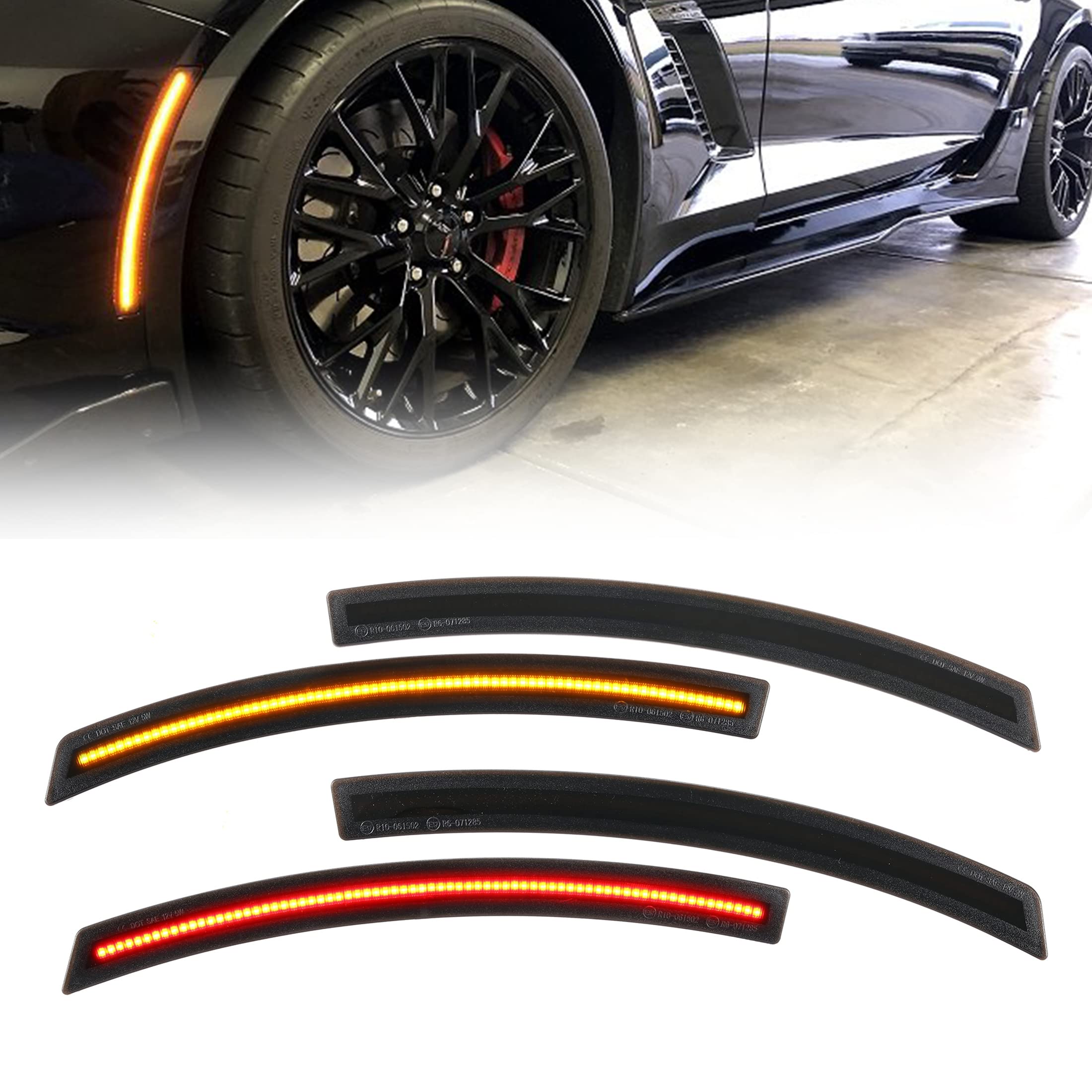 ALAVENTE4 Pcs LED Side Marker Lights Fit for Chevy Corvette C7 2014-2019 Smoked Lens Front and Rear Bumper Red Amber Lamps Chips