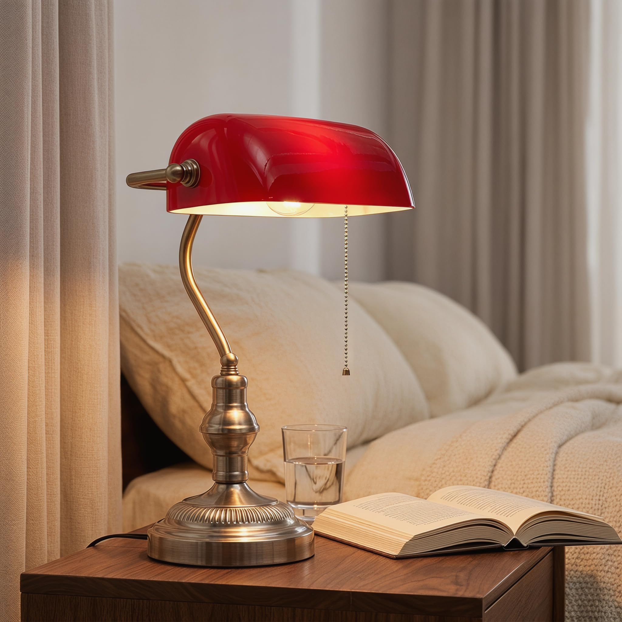 BARCELONA LED Bankerlampe Vintage Rot, Schreibtischlampe mit Glasschirm & Metallfuß in Nickel Satiniert, Retro Bürolampe im Industrial & Nordischen Stil, Klassische Tischleuchte mit E27 Fassung