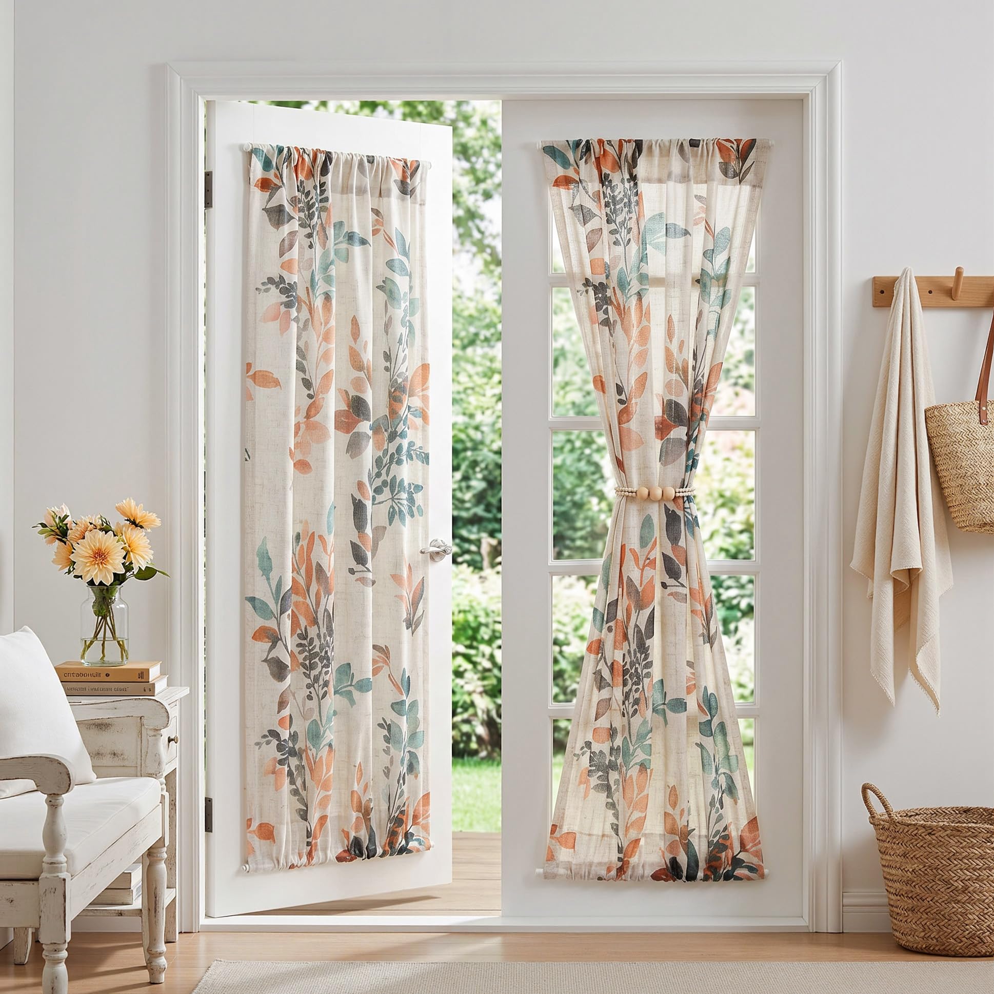 MYSKY HOME Floral Linen French Door Curtains 72 inch Long 2 Panels for Front Door Light Filtering Privacy Semi Sheer Window Curtains with Rod Pocket, Burnt Orange, 24" W Each Panel