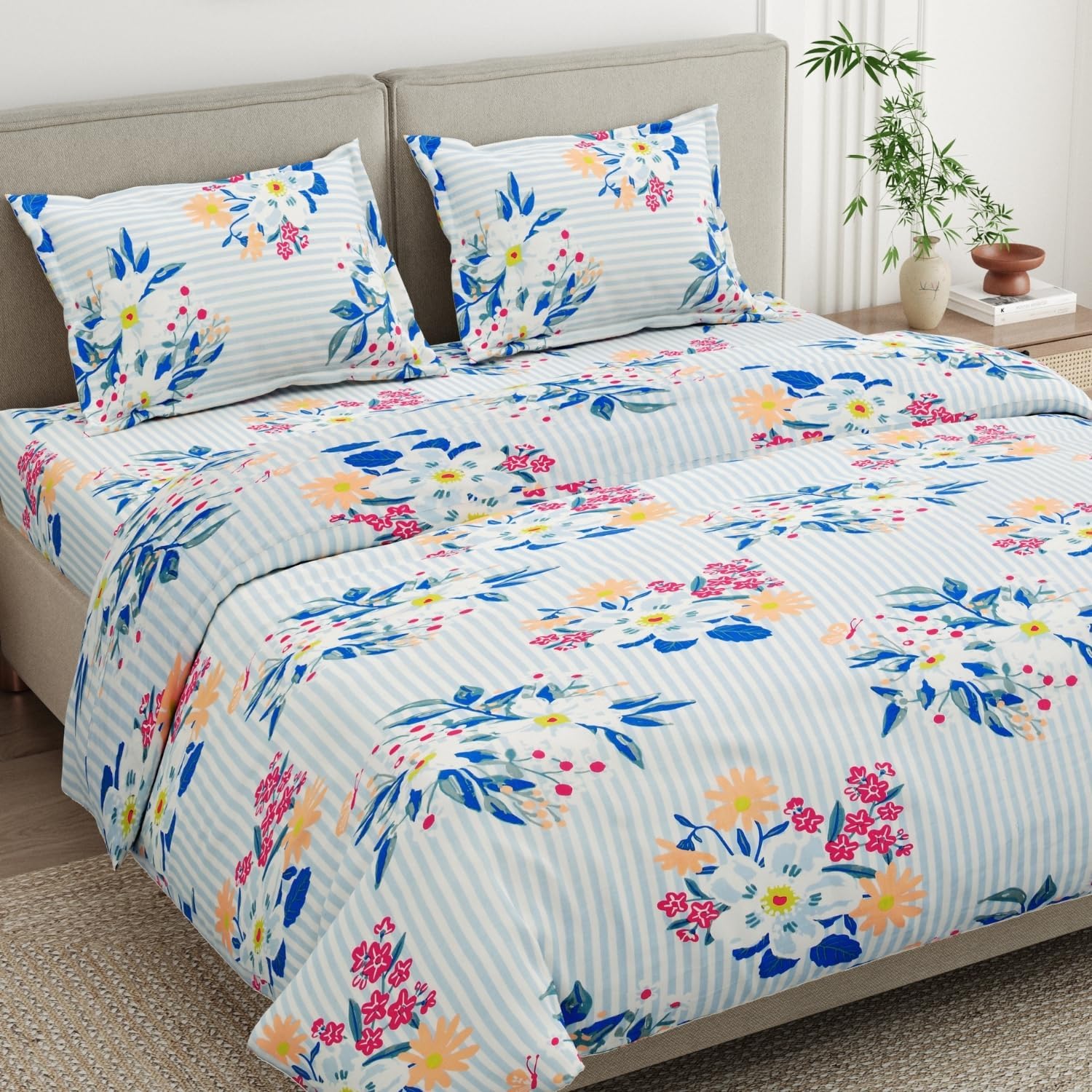 Haus & Kinder Bedsheet for Double Bed King Size, 108 * 108 Inches King Size Bed Sheet Cotton with 2 Pillow Covers 186TC Cotton Bedsheets - Floral Tapestry