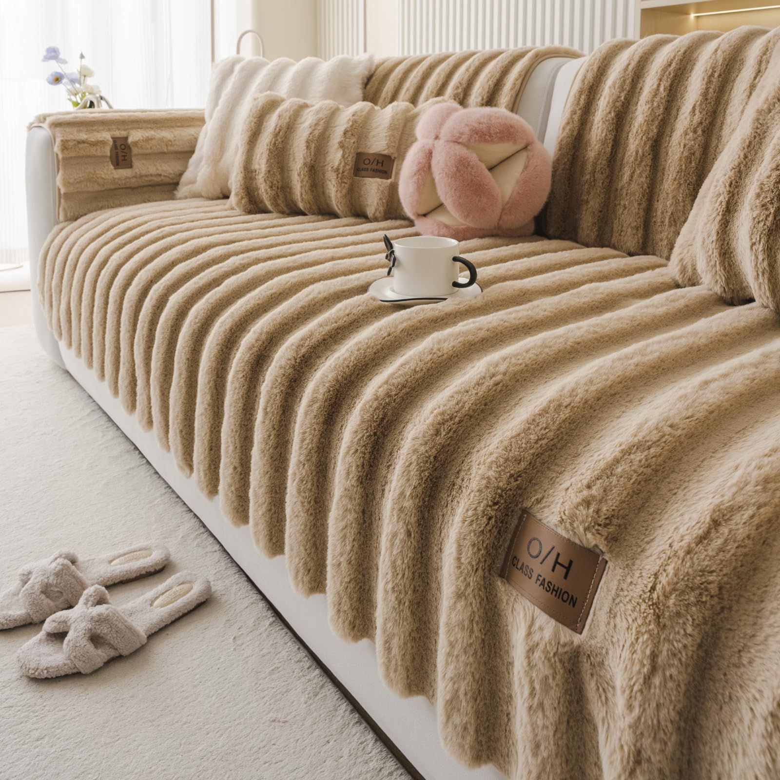 Huierxun Fuzzy Rabbit Plush Sofa Cover Thick Soft Fur Sectional Couch Cover Furry Fluffy Cushion Cover Non-Slip Sofa Slipcovers Vertical Stripe