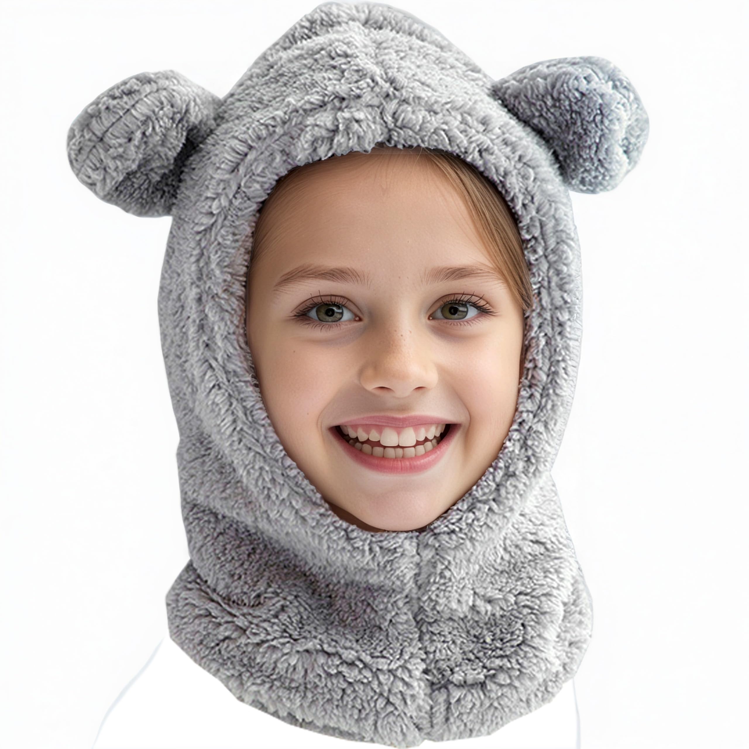 2 in 1 Kids Bear Hat Scarf Toddler Balaclava Winter Warm Beanies Cap Thick Fleece Skull Caps for Boys Girls