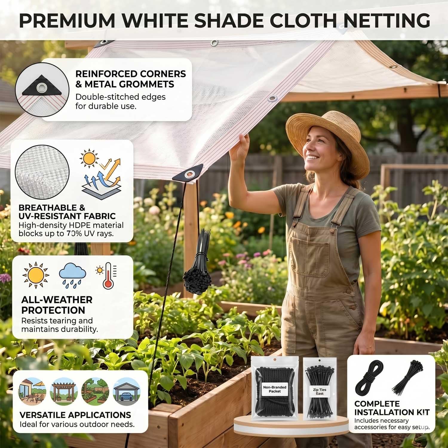 Malla Sombreo Exterior Blanca, Toldo Impermeable Exterior De HDPE, Lona Sombra For Balcón Y Pérgola, Tela Sombra Exterior con Cuerdas, Protección Solar 70%(5x8m)