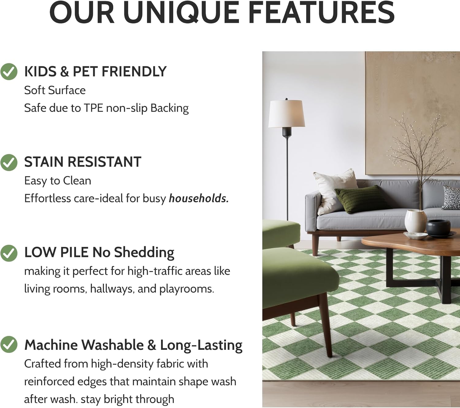 Washable Green Checkered Rug 5x7, Non-Slip Low Pile Area Rug for Living Room, Bedroom, Nursery, Modern Neutral Farmhouse Diamond Carpet, Pet & Kid Friendly