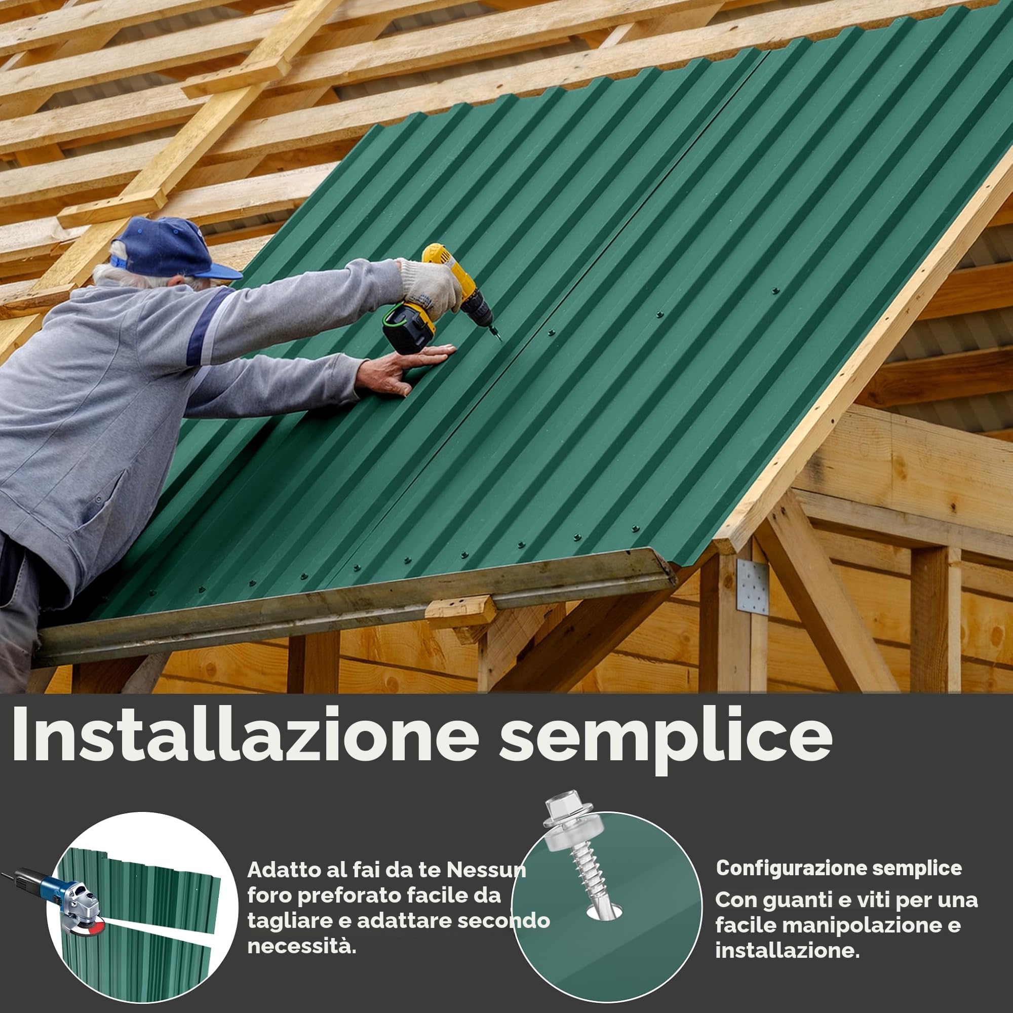 LARS360 24 lamiere trapezoidali da tetto 129,5 x 45 cm, 14 m², lamiera profilata zincata ondulata da 0,25 mm, piastre per tetto in acciaio zincato per capannone, con guanti di montaggio,