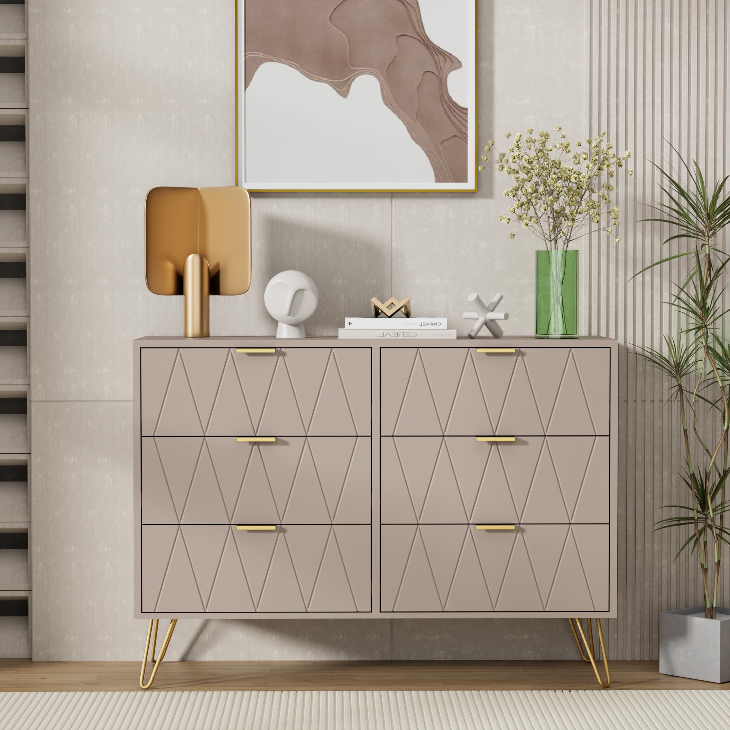 UEV 6 Drawer Chest of Drawers, Modern Wide Bedroom Dresser with Metal Handles, Wooden Storage Unit for Bedroom Living Room Hallway Entryway, Space Saving Furniture Organiser, Cashmere