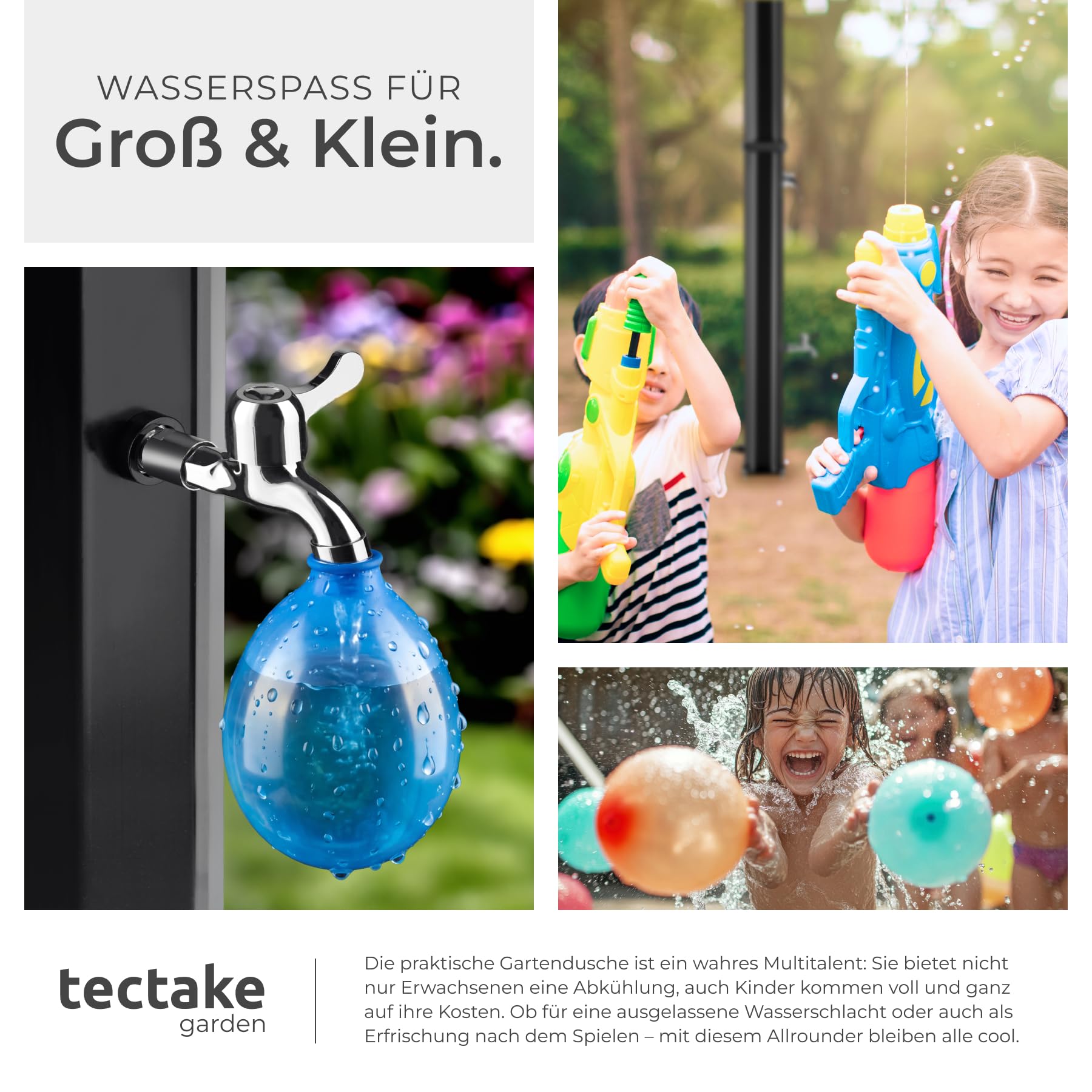 TecTake® Solardusche 35 l, bis 60° C, drehbarer Regenduschkopf, Gartenschlauch-Anschluss, Wasserhahn, Seifenablage, Schutzfolie, Schutzhülle, Außendusche, Solarduschen, schwarz