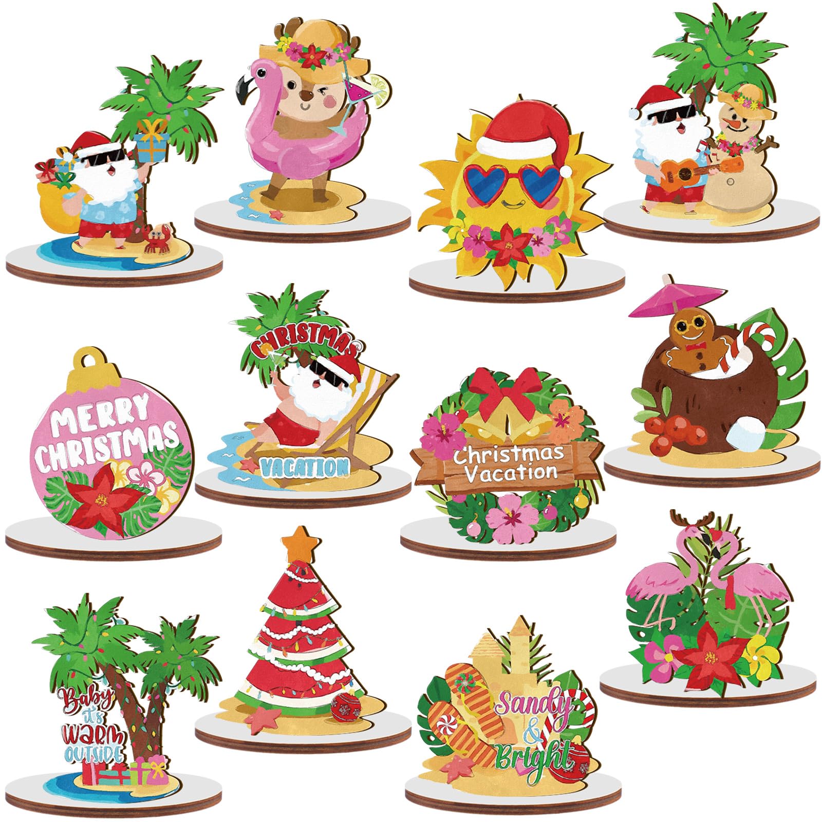 Yousoontic 12 Pcs Hawaiian Christmas Wooden Table Centerpieces Hawaiian Christmas Tree Santa Claus Beach Tropical Flamingos Wooden Signs Tabletop