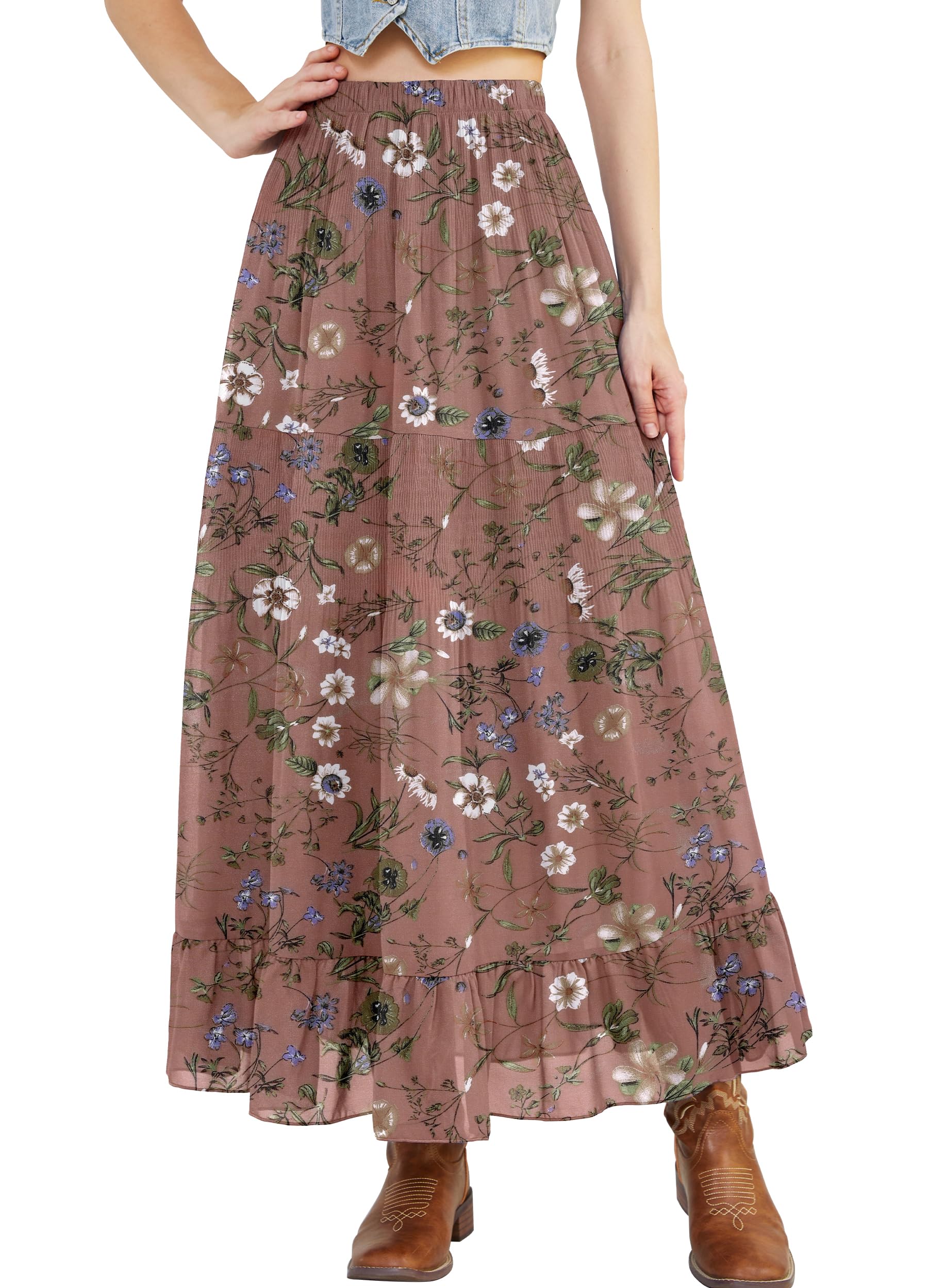 Womens Ruffle Maxi Skirts:Elastic High-Waist Pleated Long Skirt Fall Thick Chiffon Multi-Layer Skirts