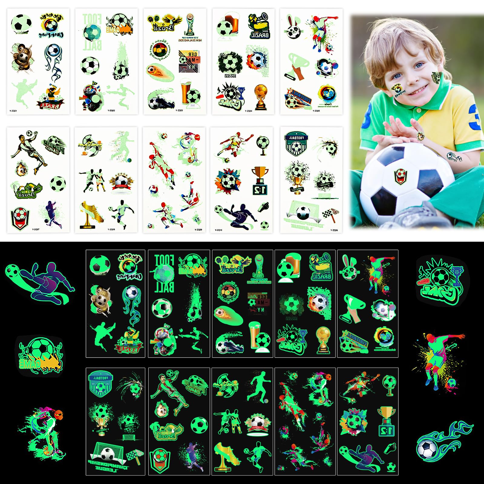 Tatuajes Luminosos De Fútbol Para Niños – 10 Hojas Con Motivos De Balones Y Trofeos Para Fiestas