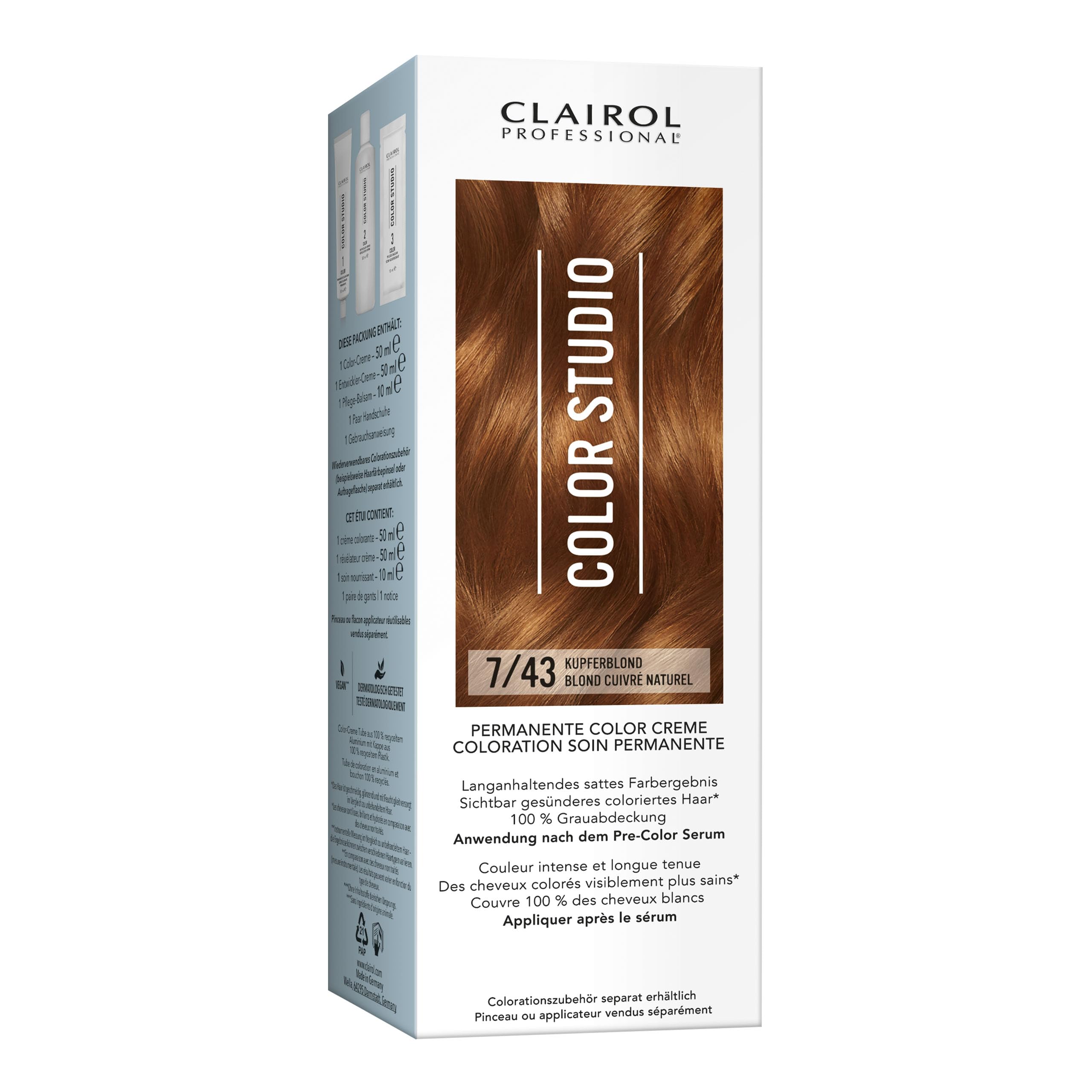 Clairol Professional Color Studio Permanente Haarfarbe Kupferblond 7/43 (110 ml) – mit Metal-Purifier für 6 x weniger Haarbruch, 10 Wochen sattes Farbergebnis & 100 % Grauabdeckung – inkl. Haarkur