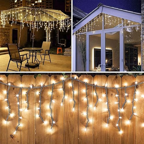 Miniatura 8 de Luces de cortina de hadas para jardín, luces de carámbano, 102 LED con batería para exteriores, con mando a distancia y temporizador, cable verde