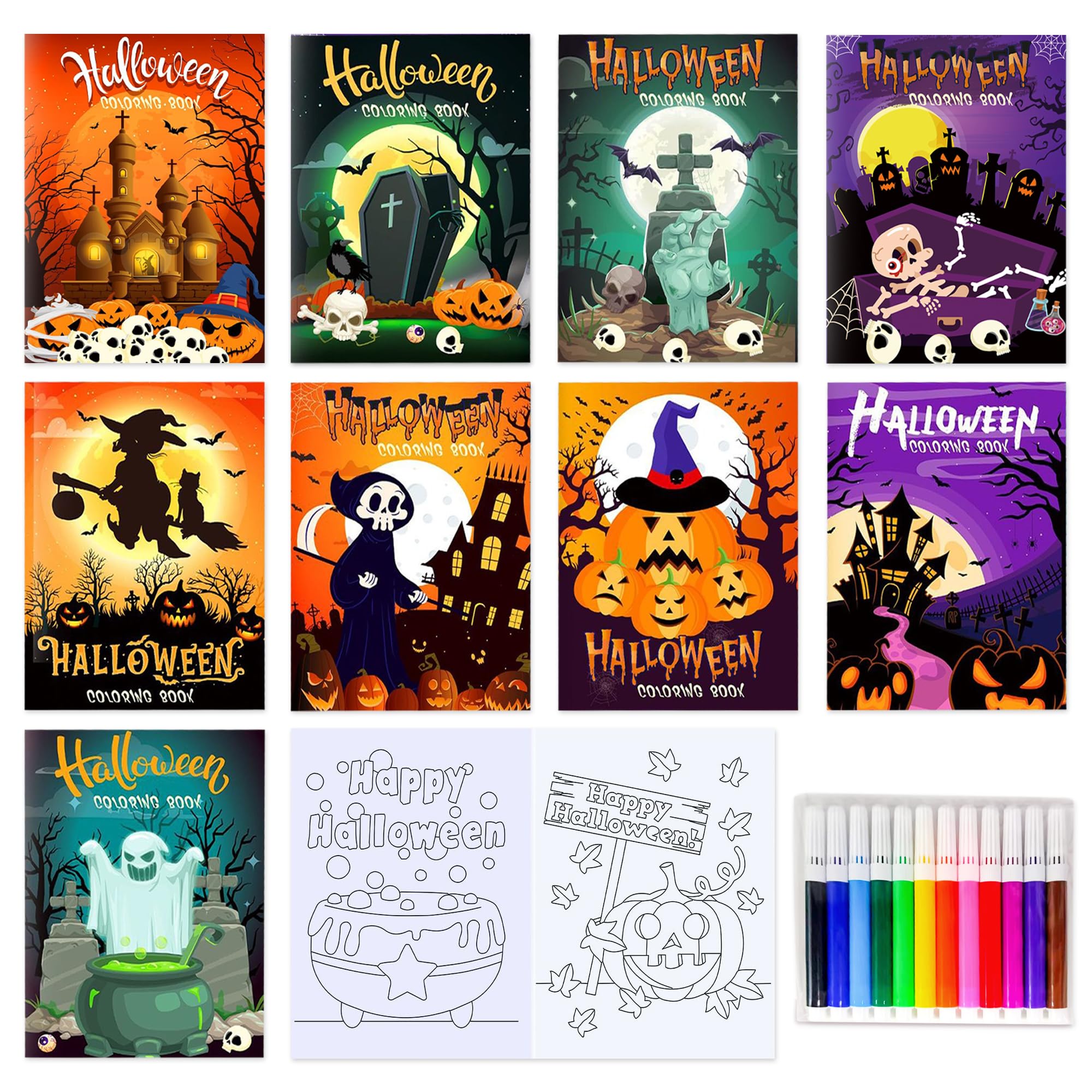 BACH AND BOOZY Mini Coloring Books with 12pcs Pens Halloween Books Mini Ghost Pumpkin Coloring Booklet Party Bag Fillers