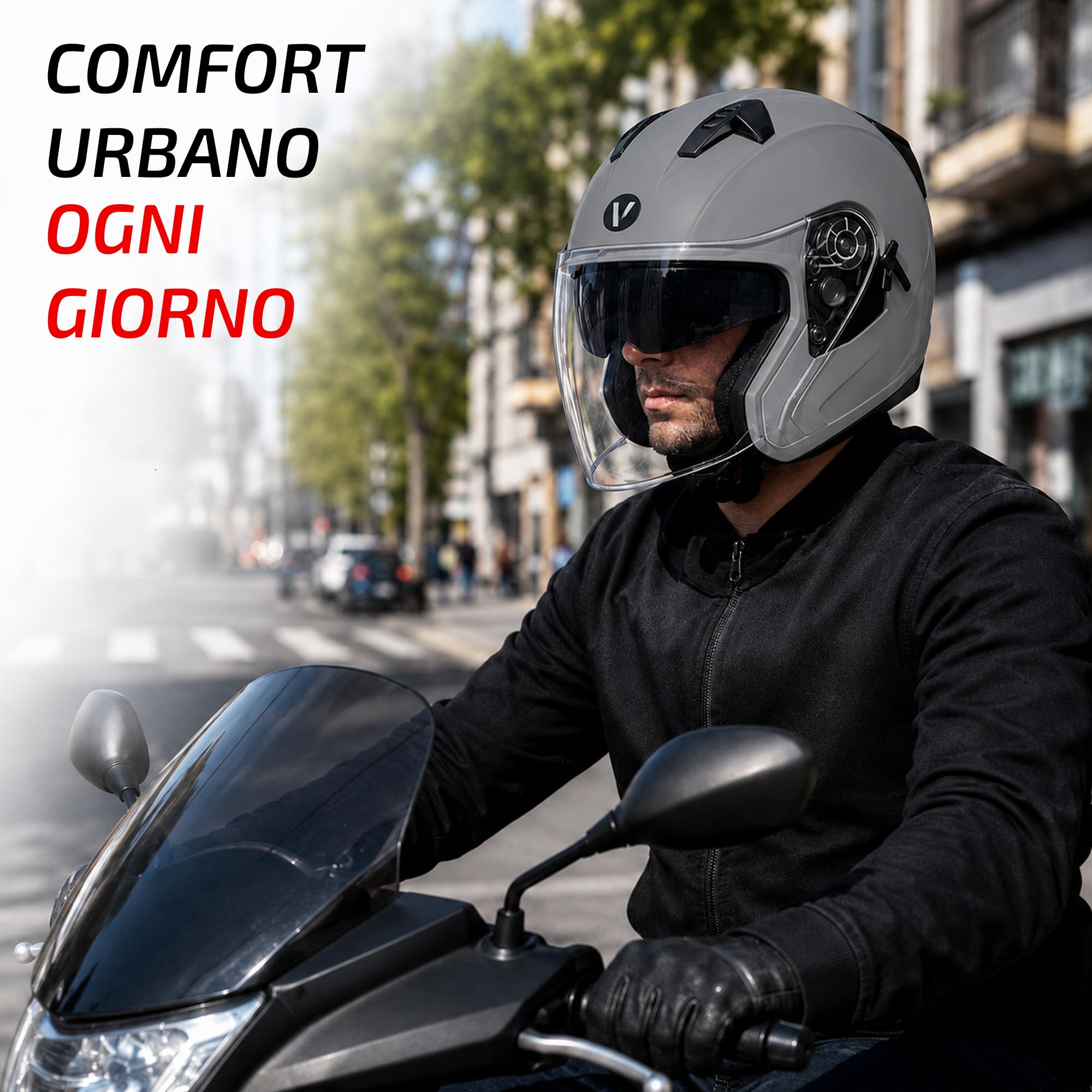 Casco Jet Moto Omologato ECE 22.06 con Visiera Trasparente – Casco Scooter con Presa d’Aria Superiore, Interno Confortevole e Chiusura Sicura – Ideale per Moto e Scooter