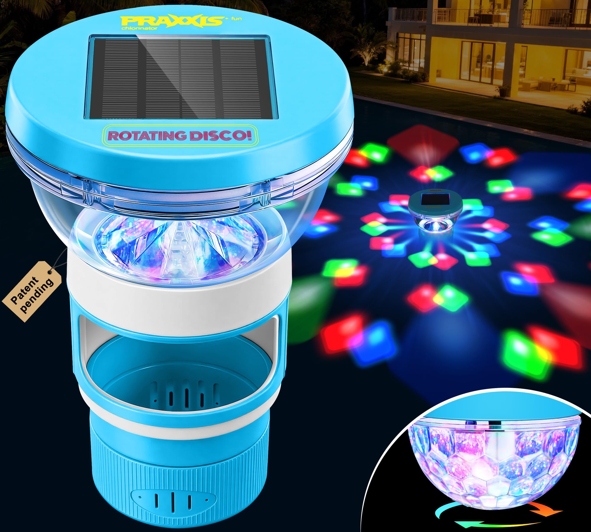 PRAXXIS Galleggiante solare per cloro con luce rotante da discoteca, flusso regolabile, dispenser di cloro galleggiante per piscina, galleggiante per cloro per piscina, galleggiante per cloro per