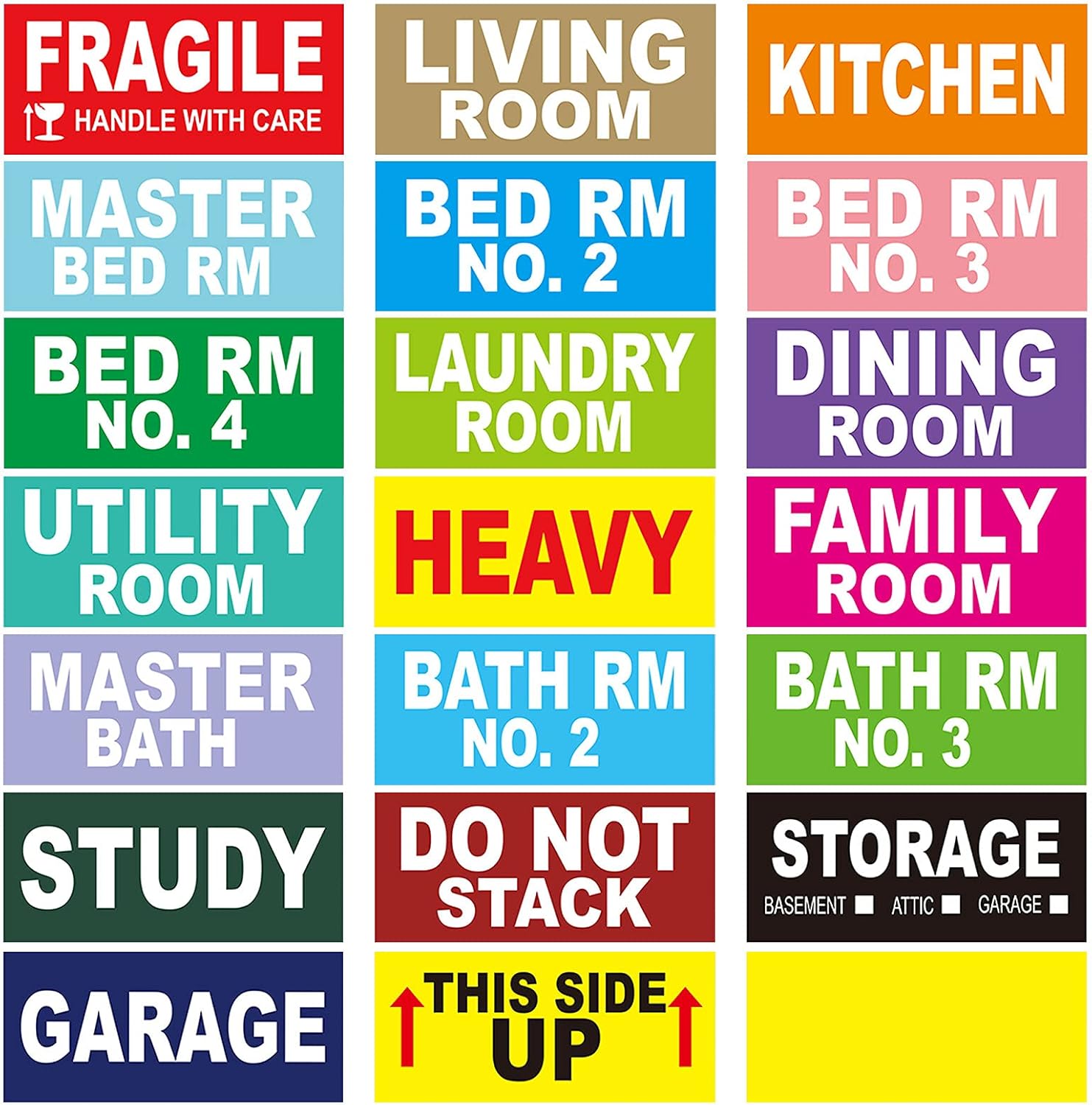 540 Large Removable Home Moving Labels for 4 Bedroom House, Color Coded