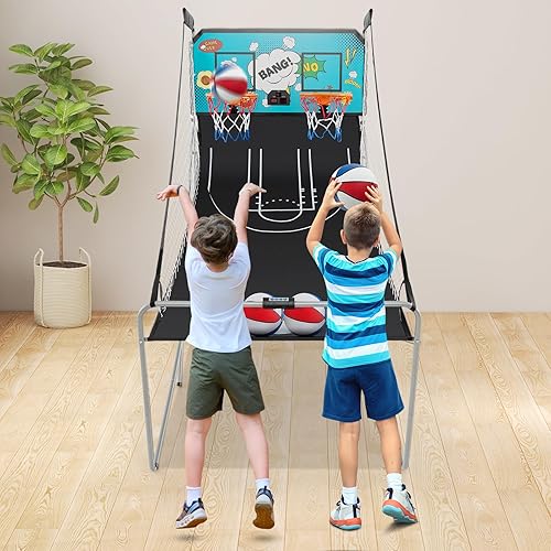 Vista 44 de Goplus Juego de arcada de baloncesto plegable de doble tiro, juego de aro de baloncesto con puntuación electrónica, 8 modos de juego, 4 bolas, Negro